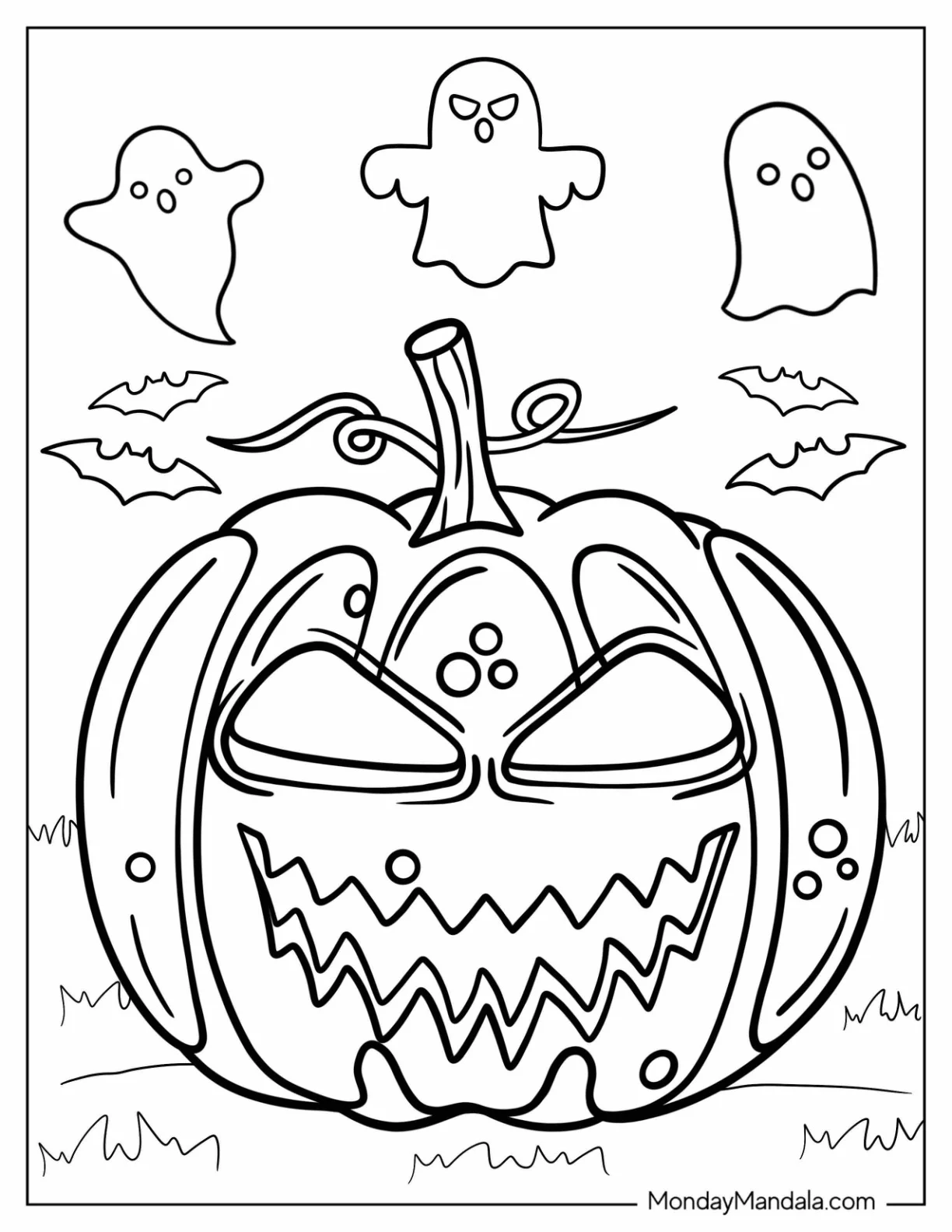 Halloween Themed Jack-O-Lantern Coloring Page With Ghosts coloring page