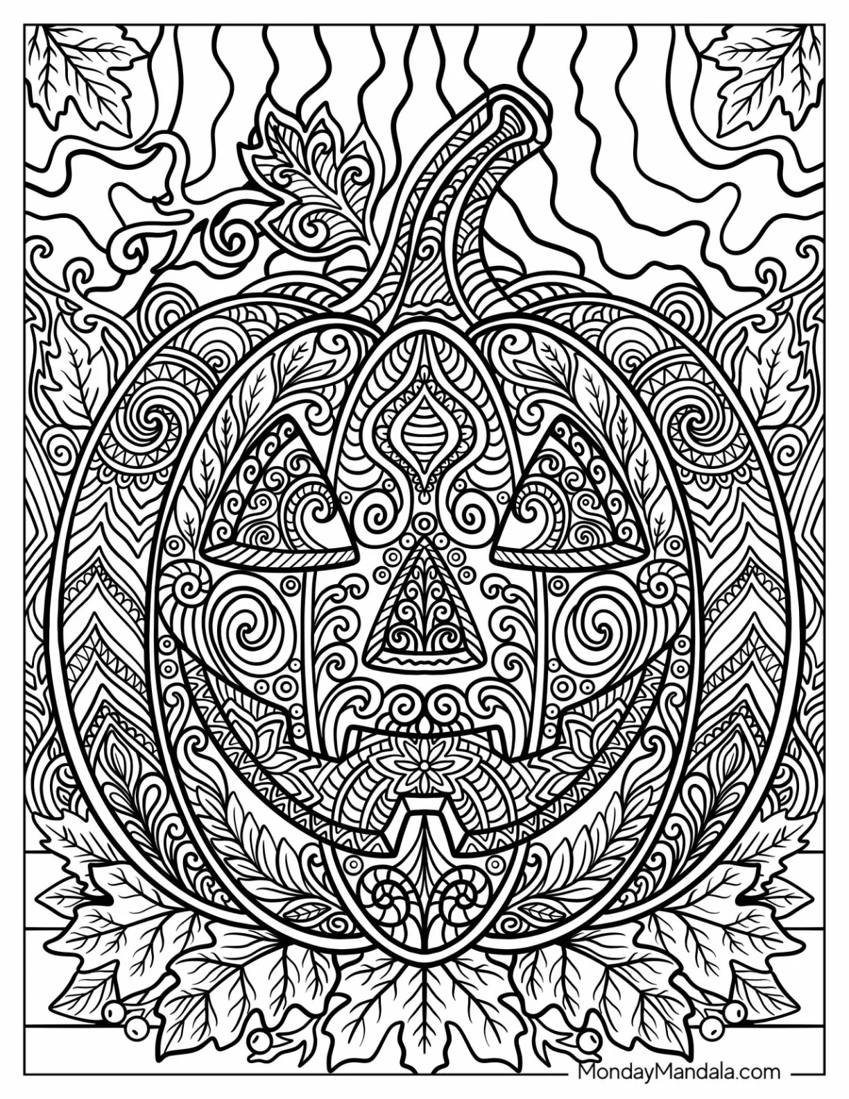 Intricate Mandala Jack O’ Lantern with Autumn Leaves Coloring Page coloring page