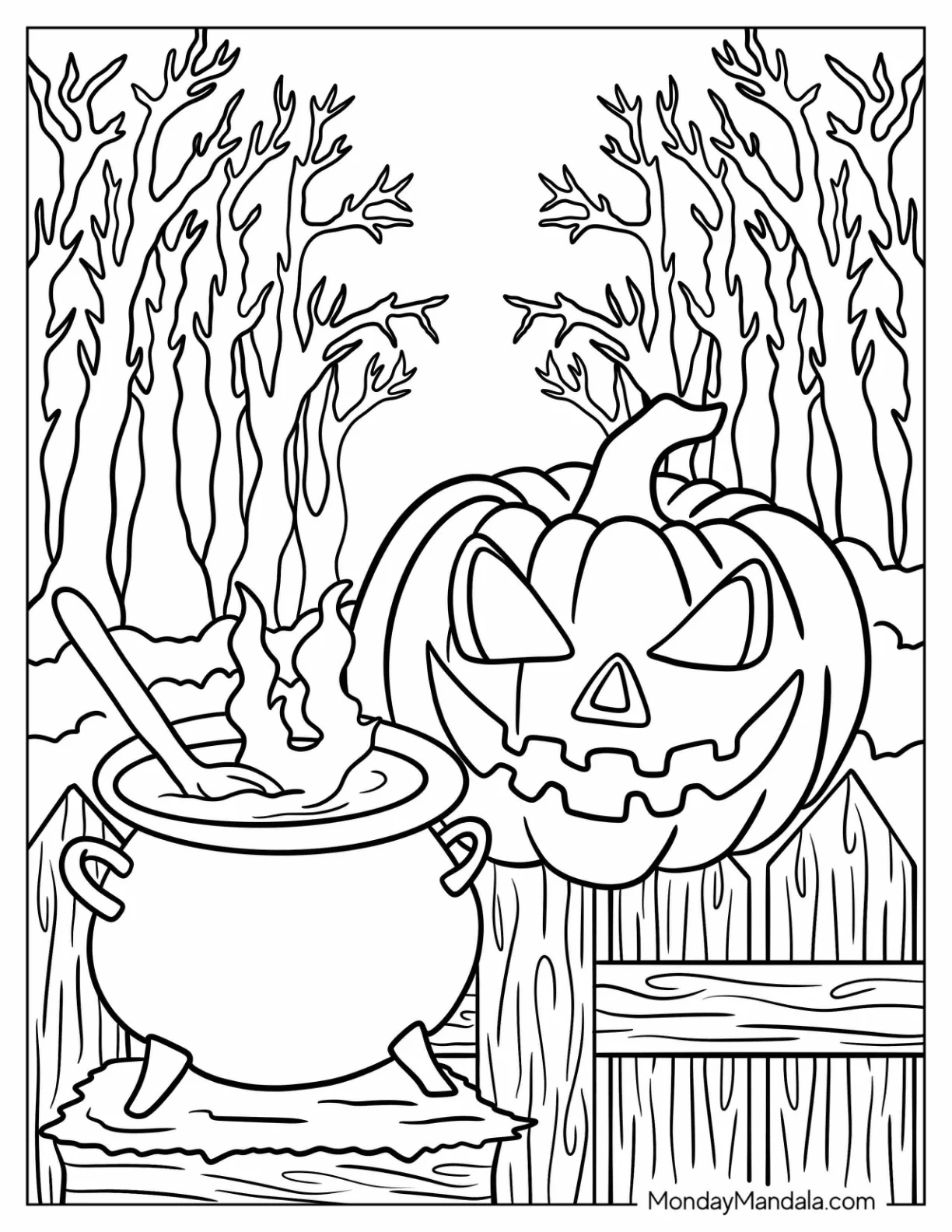 Jack-O-Lantern Coloring Page and Witch s Cauldron in Haunted Forest coloring page