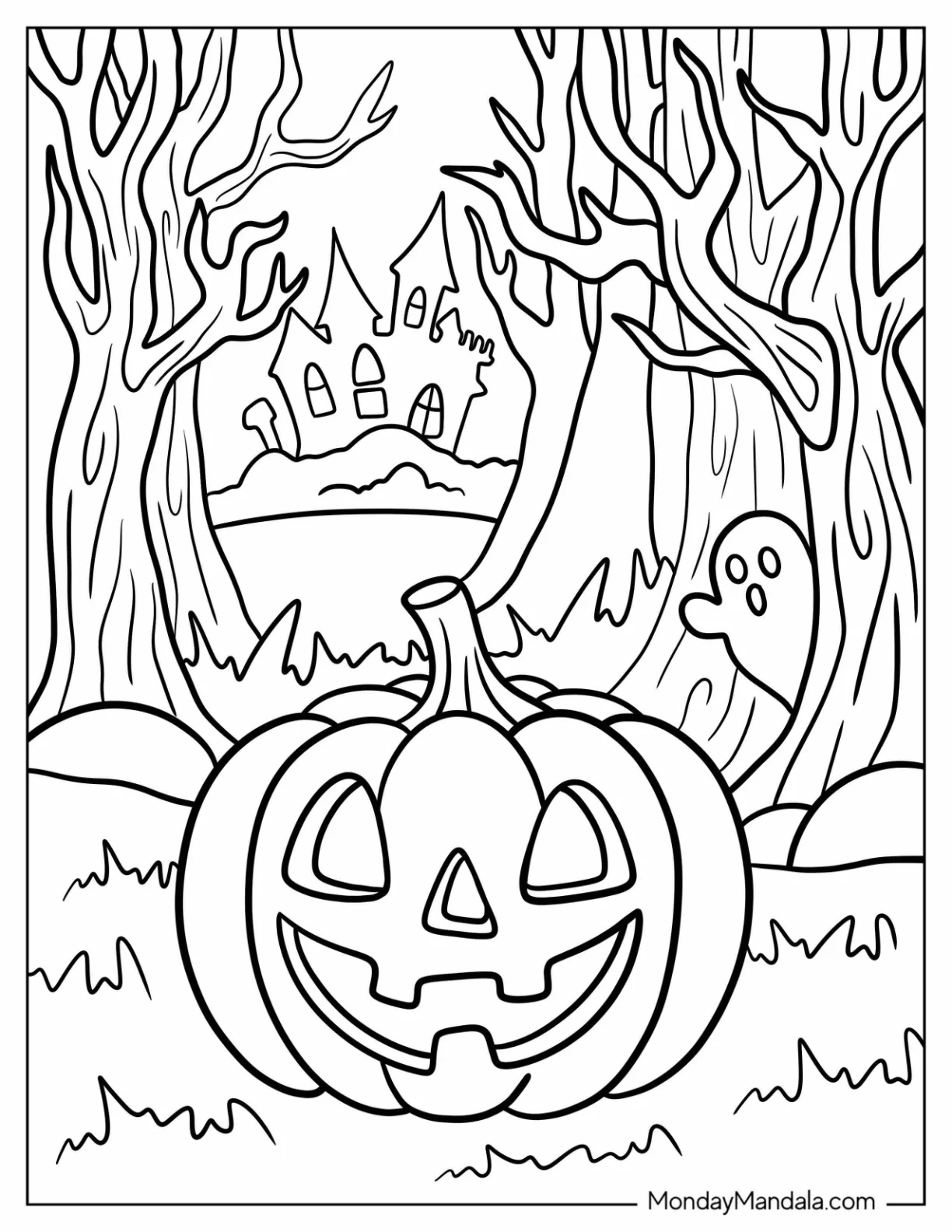 Jack-O-Lantern Coloring Page in Forest Pathway with Ghost and Haunted Castle coloring page