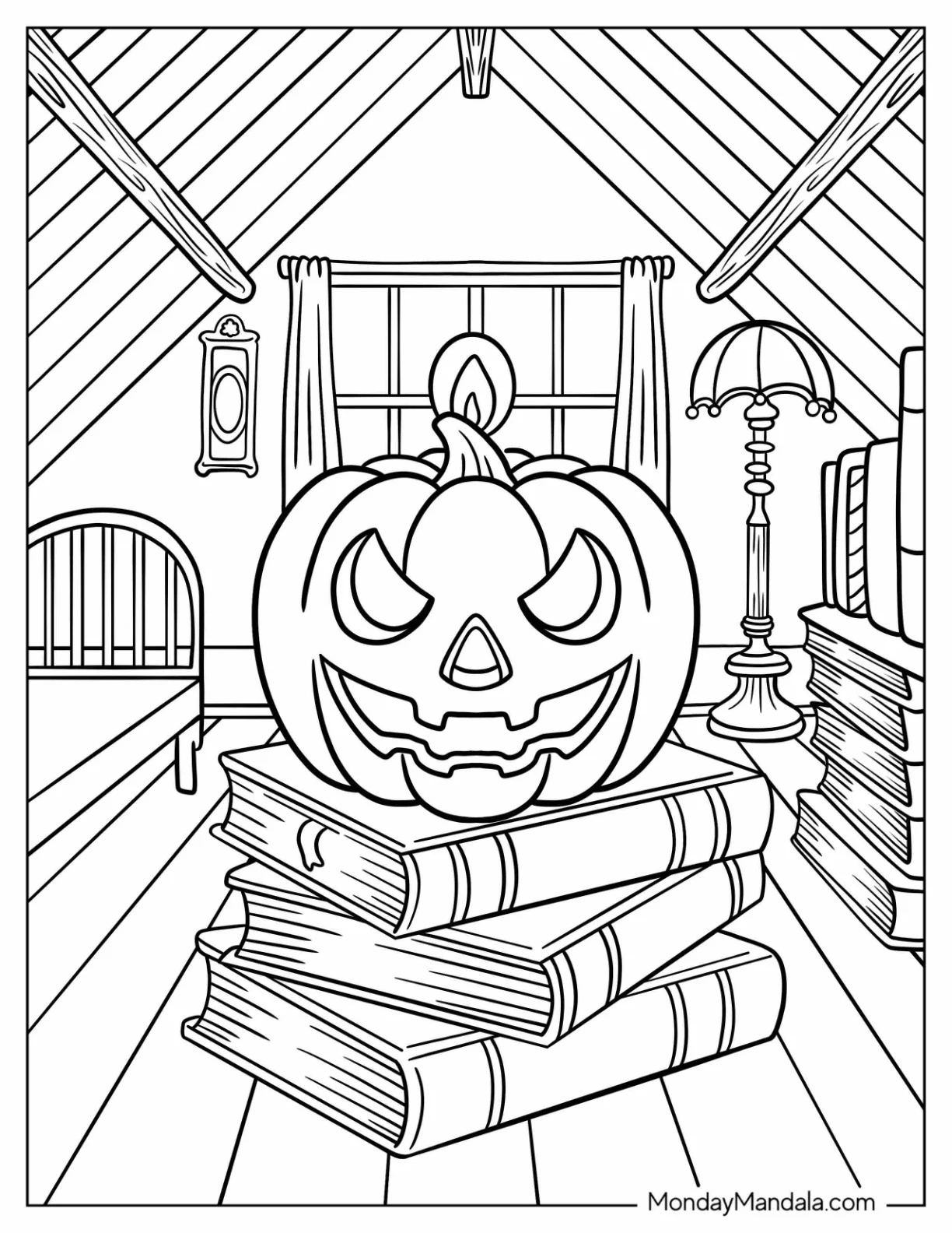 Jack-O-Lantern Coloring Page on Books in Spooky Attic coloring page — printable line art