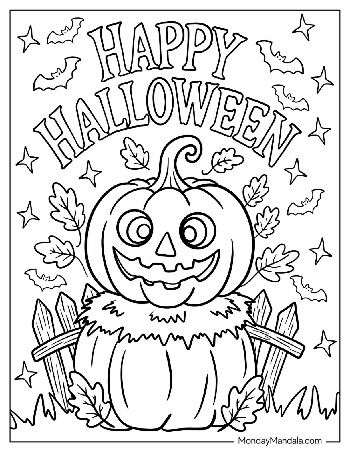 Jack-O-Lantern Coloring Page Scarecrow With Happy Halloween Sign For Kids coloring page — printable line art