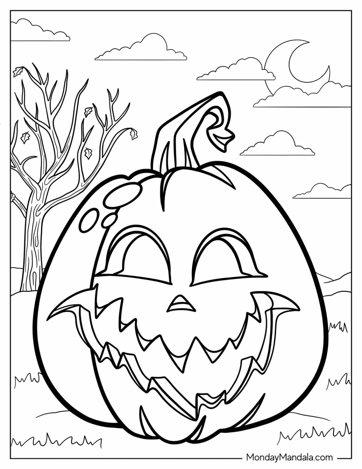 Jack-O-Lantern Coloring Page Under The Moonlight coloring page — printable line art