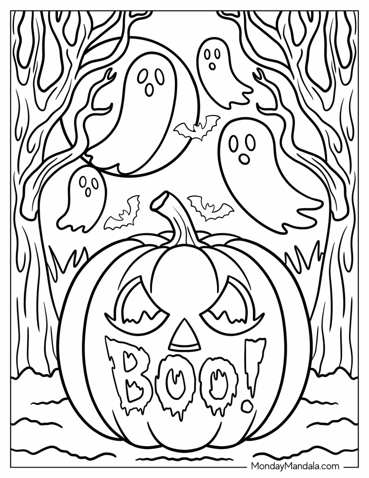Jack-O-Lantern Coloring Page with “BOO!” and Floating Ghosts coloring page — printable line art
