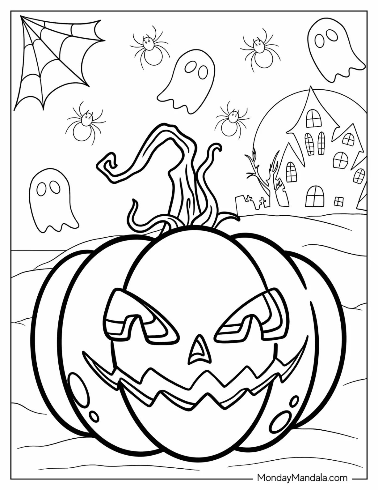 Jack-O-Lantern Coloring Page With Castle Spiders And Ghosts coloring page
