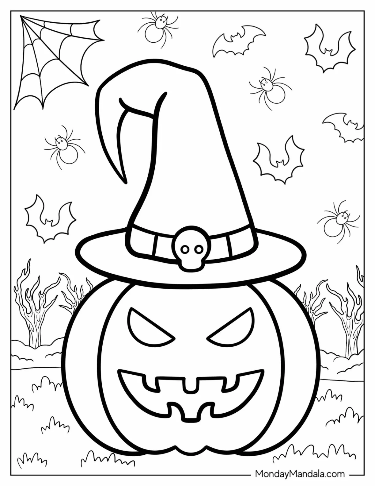 Jack-O-Lantern Coloring Page With Wizard Hat coloring page — printable line art