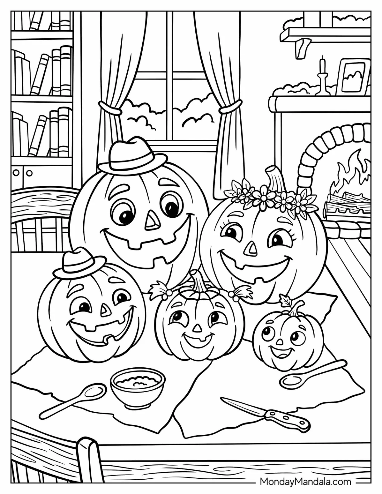 Jack O’ Lantern Family Carving Pumpkins by the Fireplace Coloring Sheet coloring page