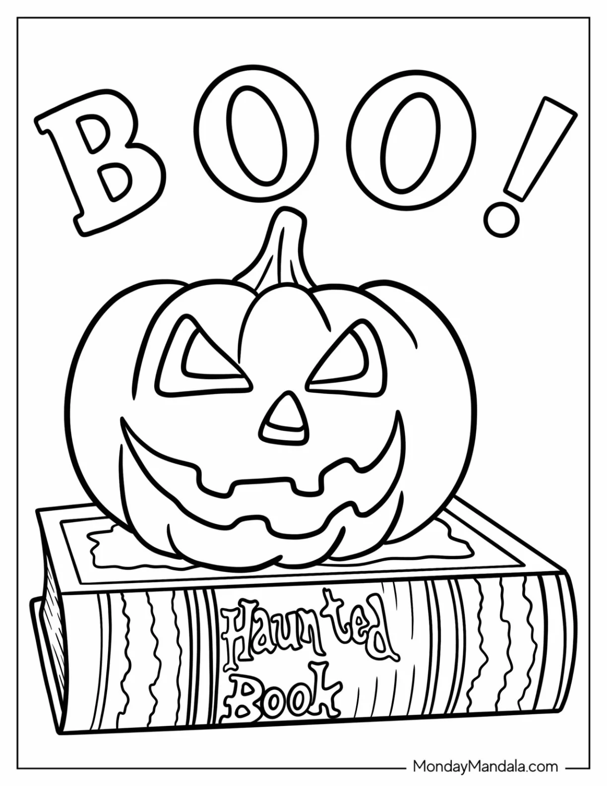 Jack O Lantern Sitting on Haunted Book with Boo Text Coloring Sheet For Kids coloring page — printable line art