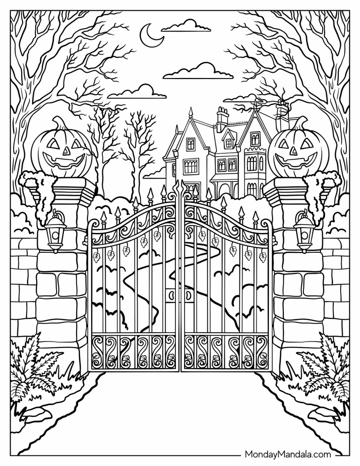 Jack O’ Lantern Statues Guarding a Haunted Mansion Gate Coloring Page coloring page