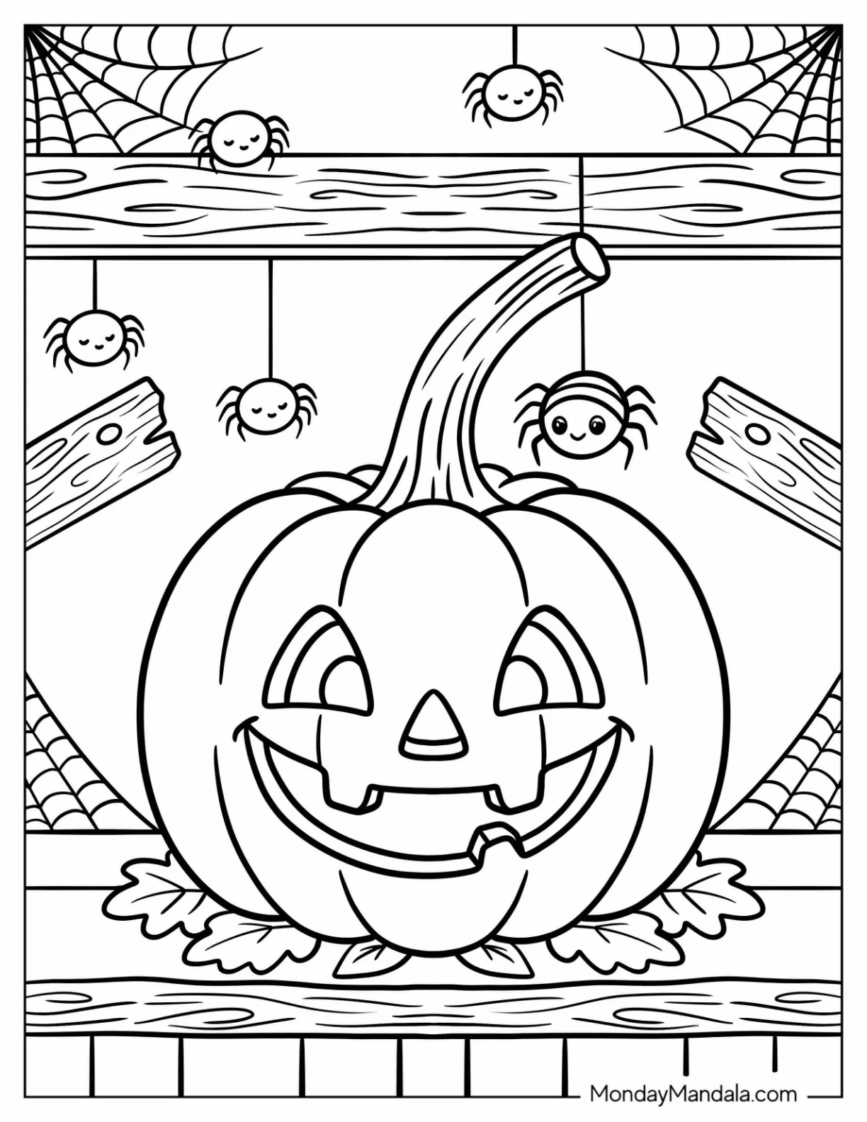 Jack O’ Lantern Surrounded by Smiling Spiders and Cobwebs Coloring Page for Kids coloring page — printable line art
