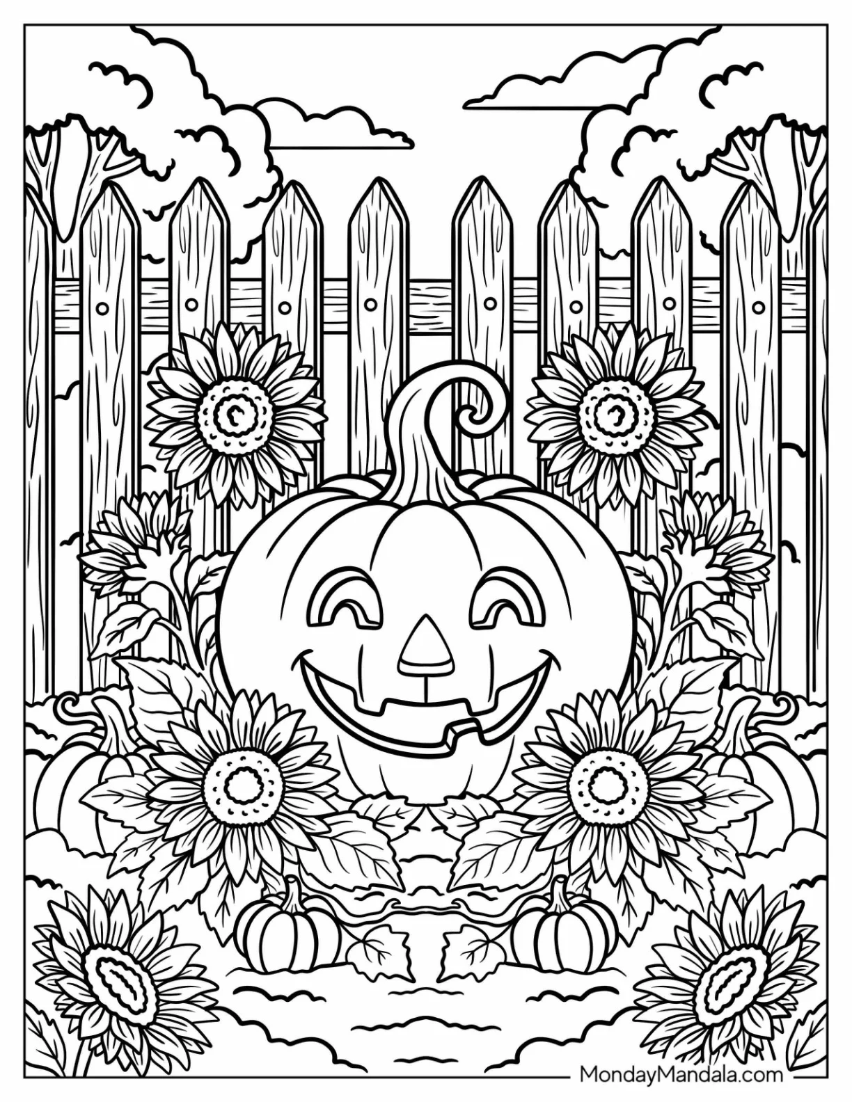 Jack O’ Lantern Surrounded by Sunflowers in a Fall Garden coloring page