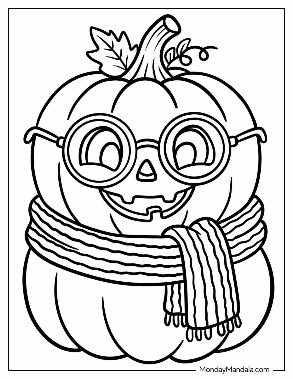 Jack O’ Lantern Wearing Round Glasses and a Cozy Scarf Coloring Sheet for Kids coloring page
