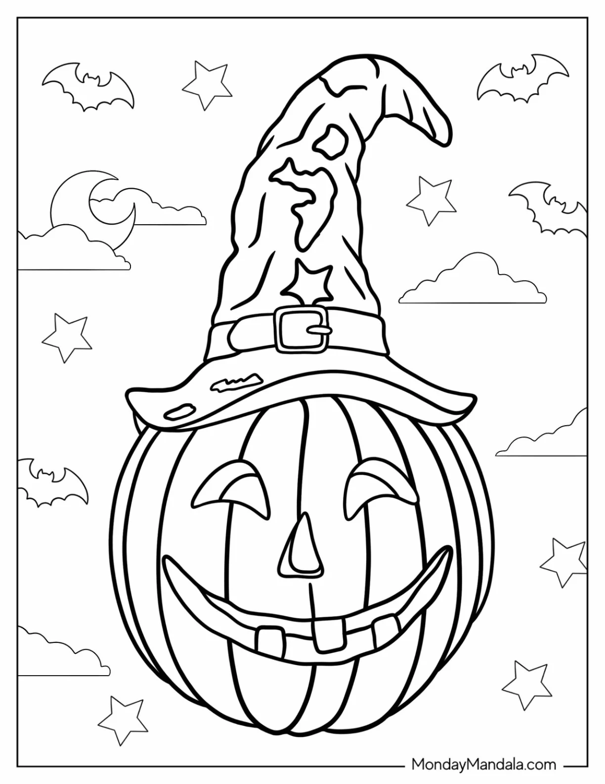 Jack O Lantern Wearing Witches Hat coloring page — printable line art