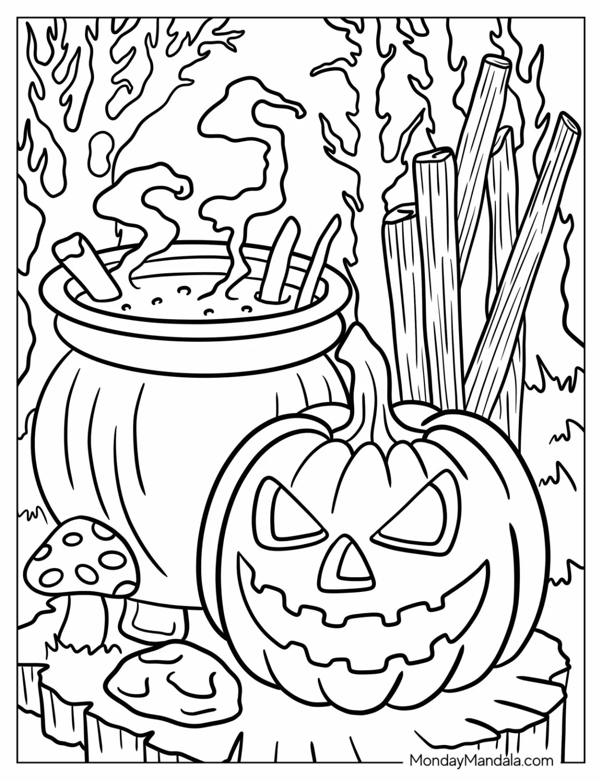 Jack o’ Lantern with Smoking Cauldron and Tiny Mushrooms coloring page — printable line art