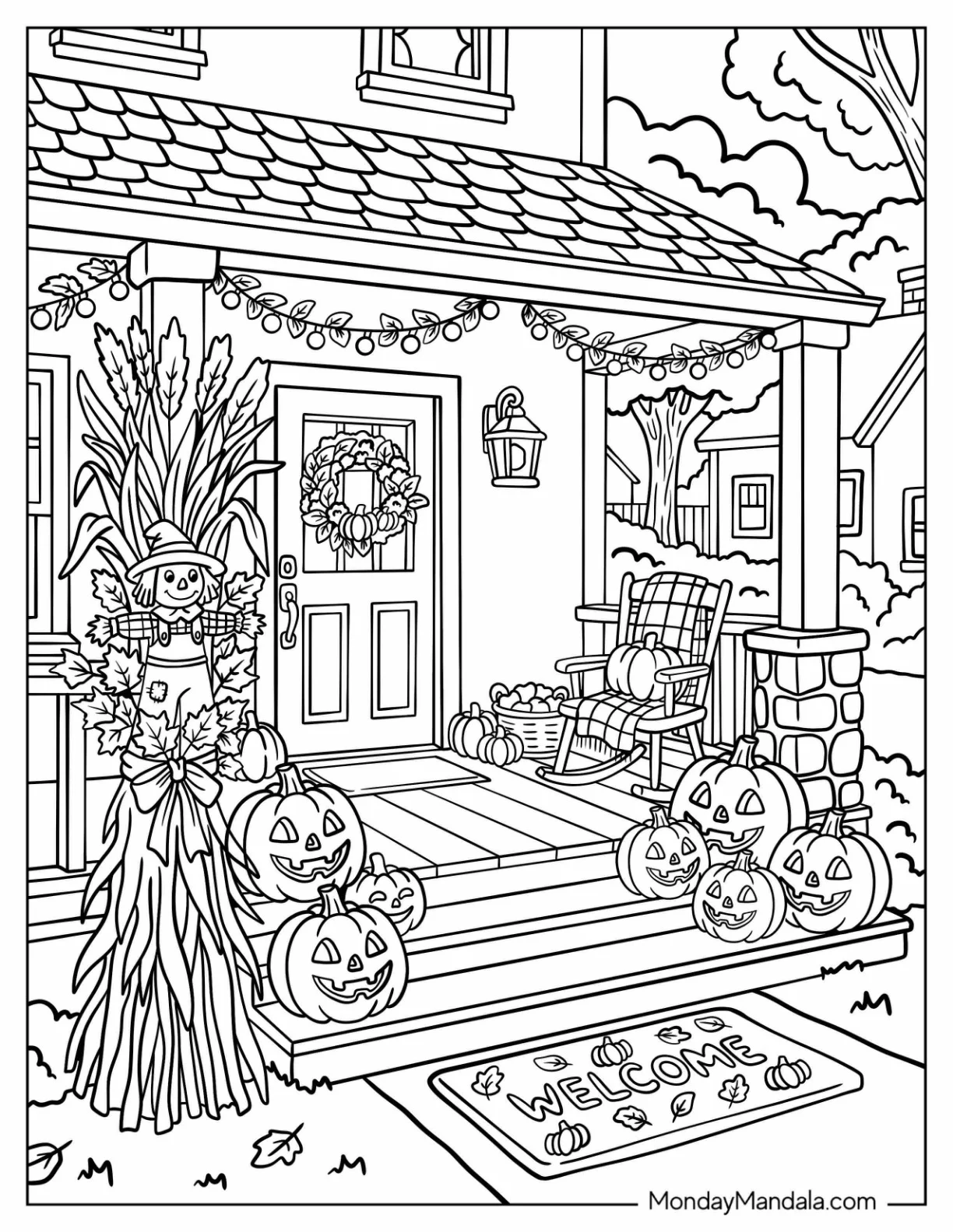 Jack O’ Lanterns Decorating a Fall Front Porch Coloring Page coloring page