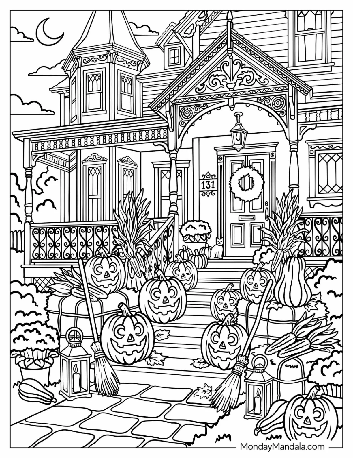 Jack O’ Lanterns Decorating a Victorian House for Halloween Coloring Sheet coloring page