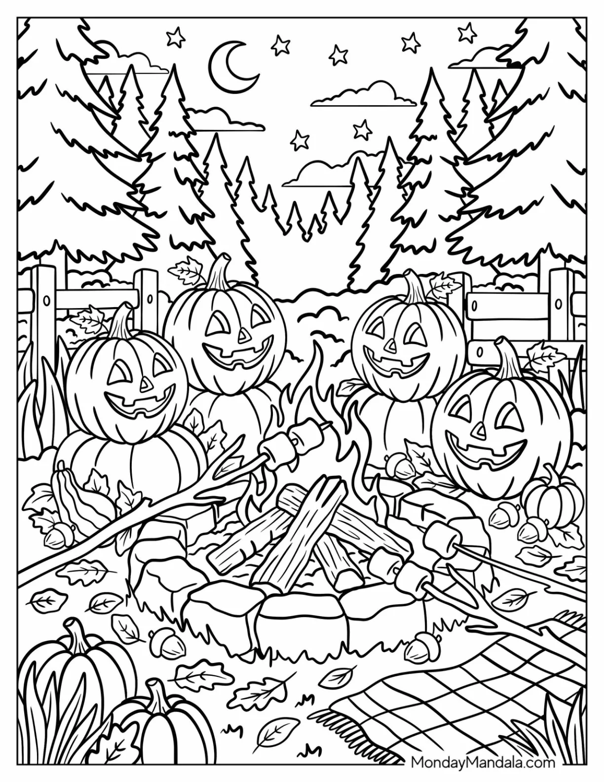 Jack O’ Lanterns Roasting Marshmallows Around a Forest Campfire Coloring Sheet coloring page