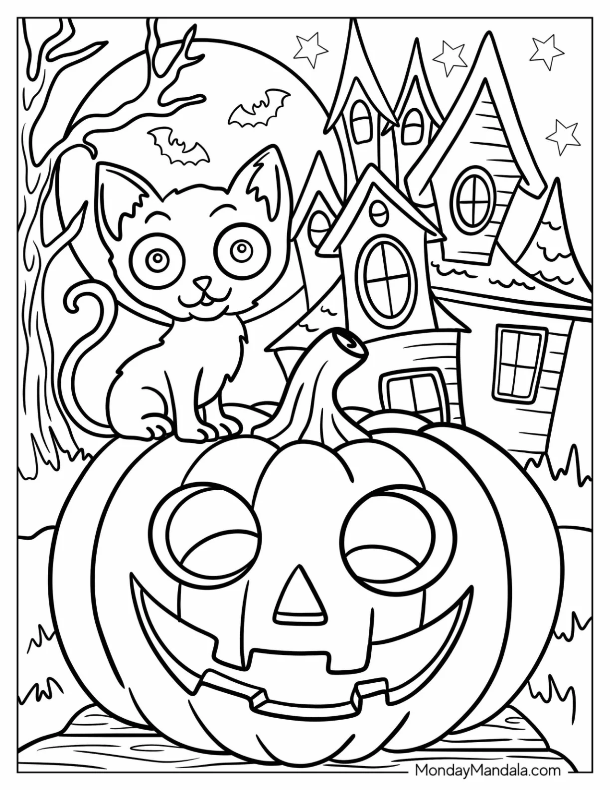 Kawaii Kitten Jack-O-Lantern Coloring Page In Front Of Haunted House For Kids coloring page — printable line art