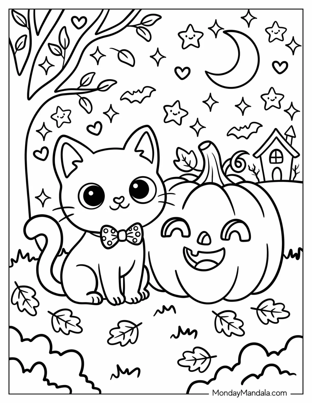 Kitten Sitting Beside a Jack O’ Lantern Under a Crescent Moon coloring page