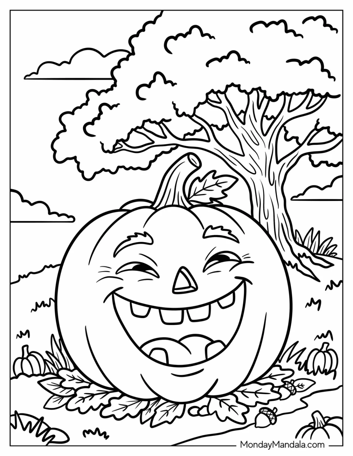 Laughing Jack O’ Lantern Beneath a Large Tree Coloring Sheet coloring page