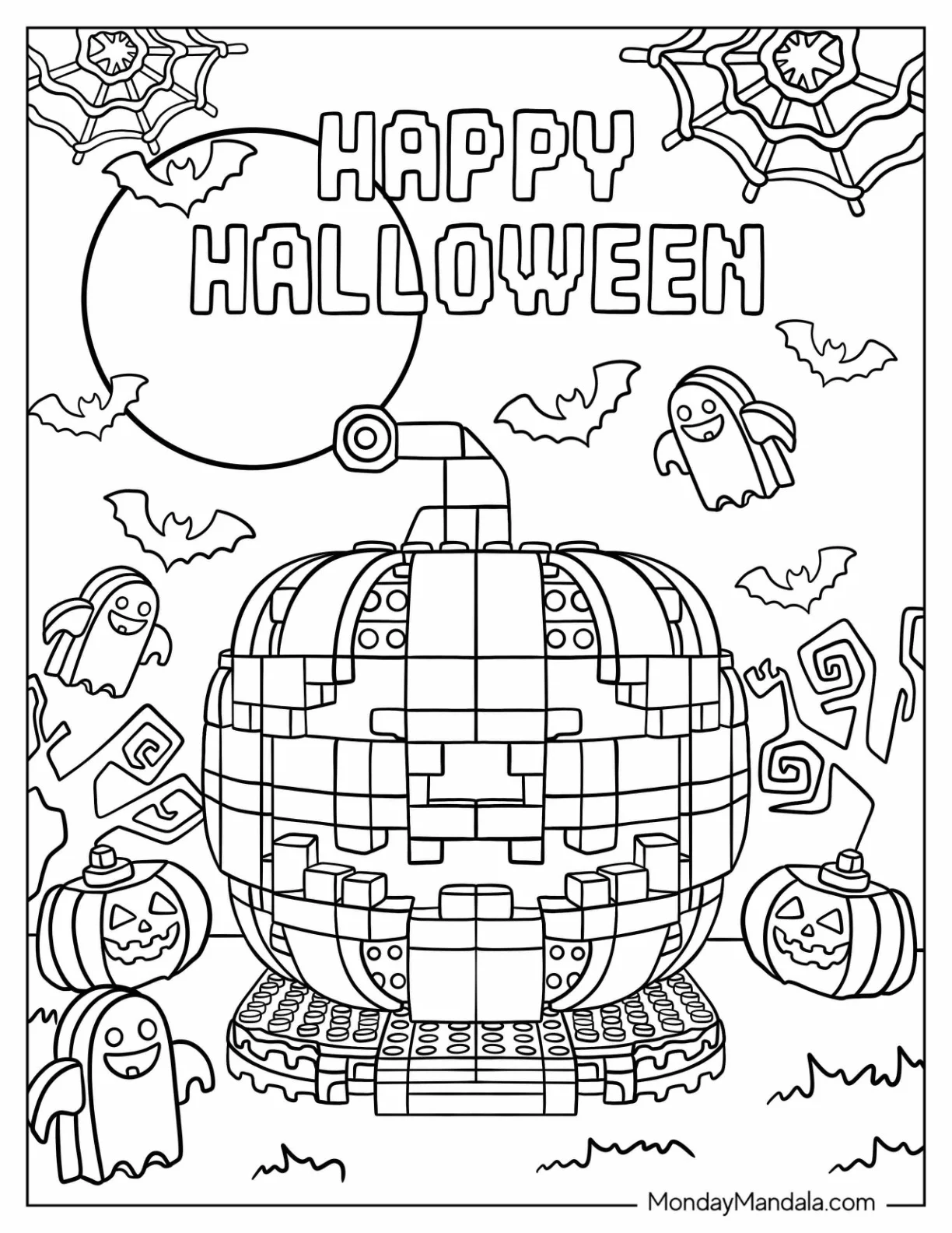LEGO Jack-O-Lantern Coloring Page with Ghosts and Bats coloring page — printable line art