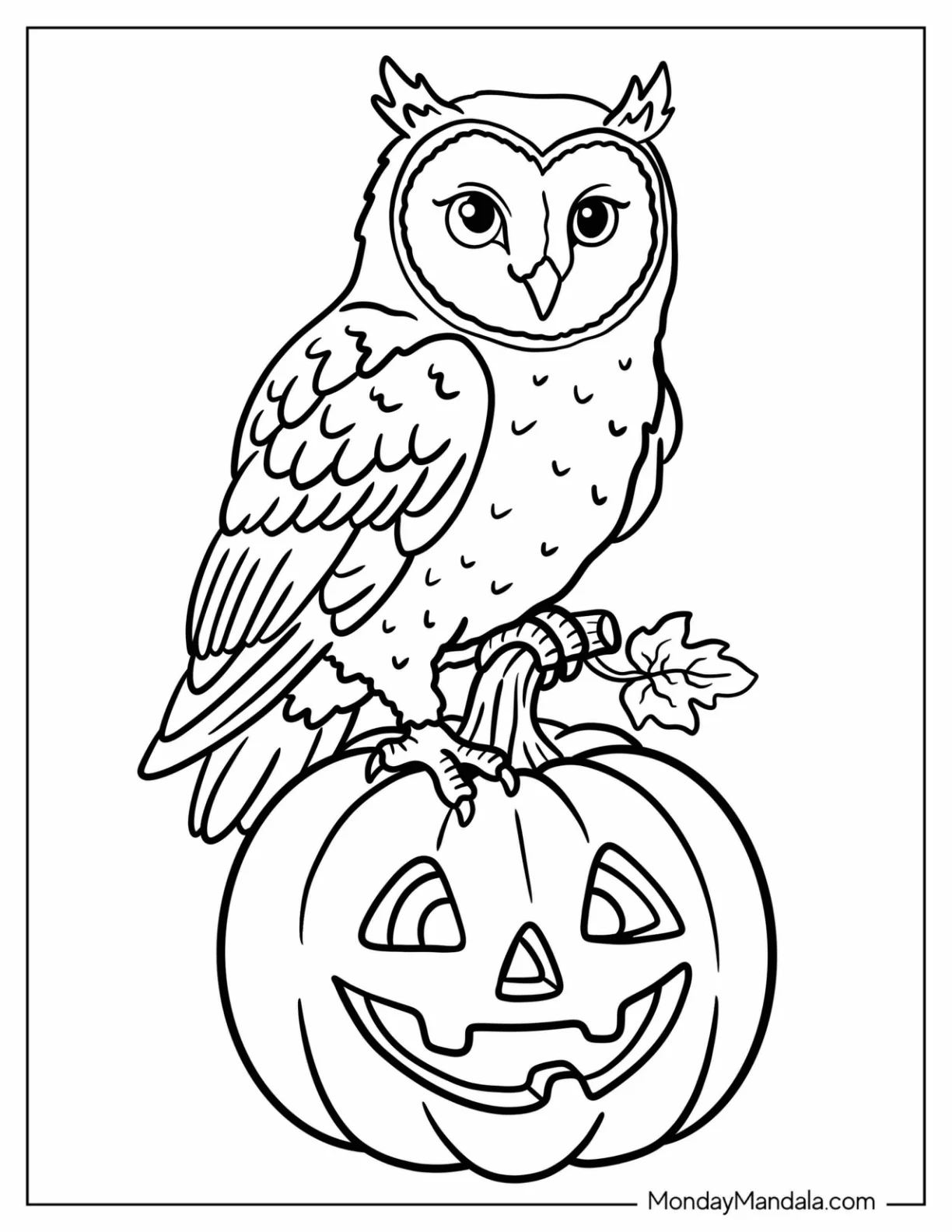 Owl Perched on a Jack O’ Lantern Coloring Page for Kids coloring page