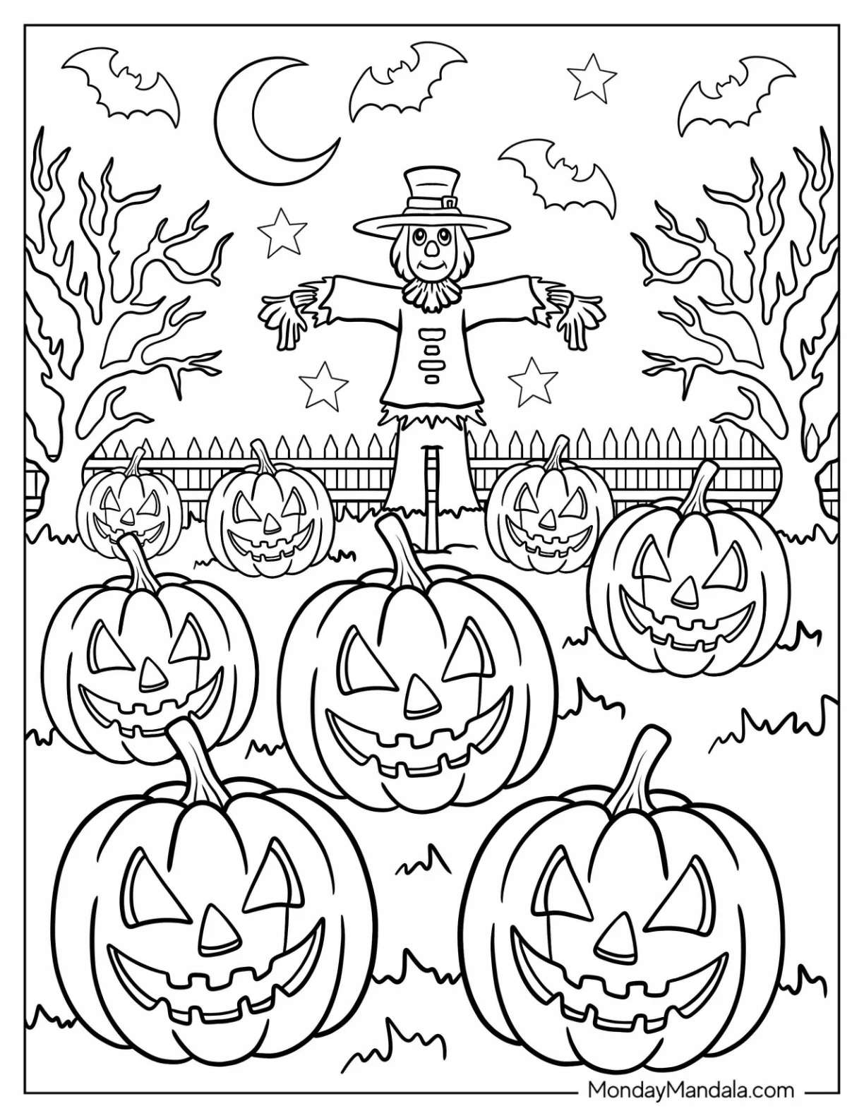 Scarecrow in Jack-O-Lantern Coloring Page Pumpkin Patch coloring page — printable line art