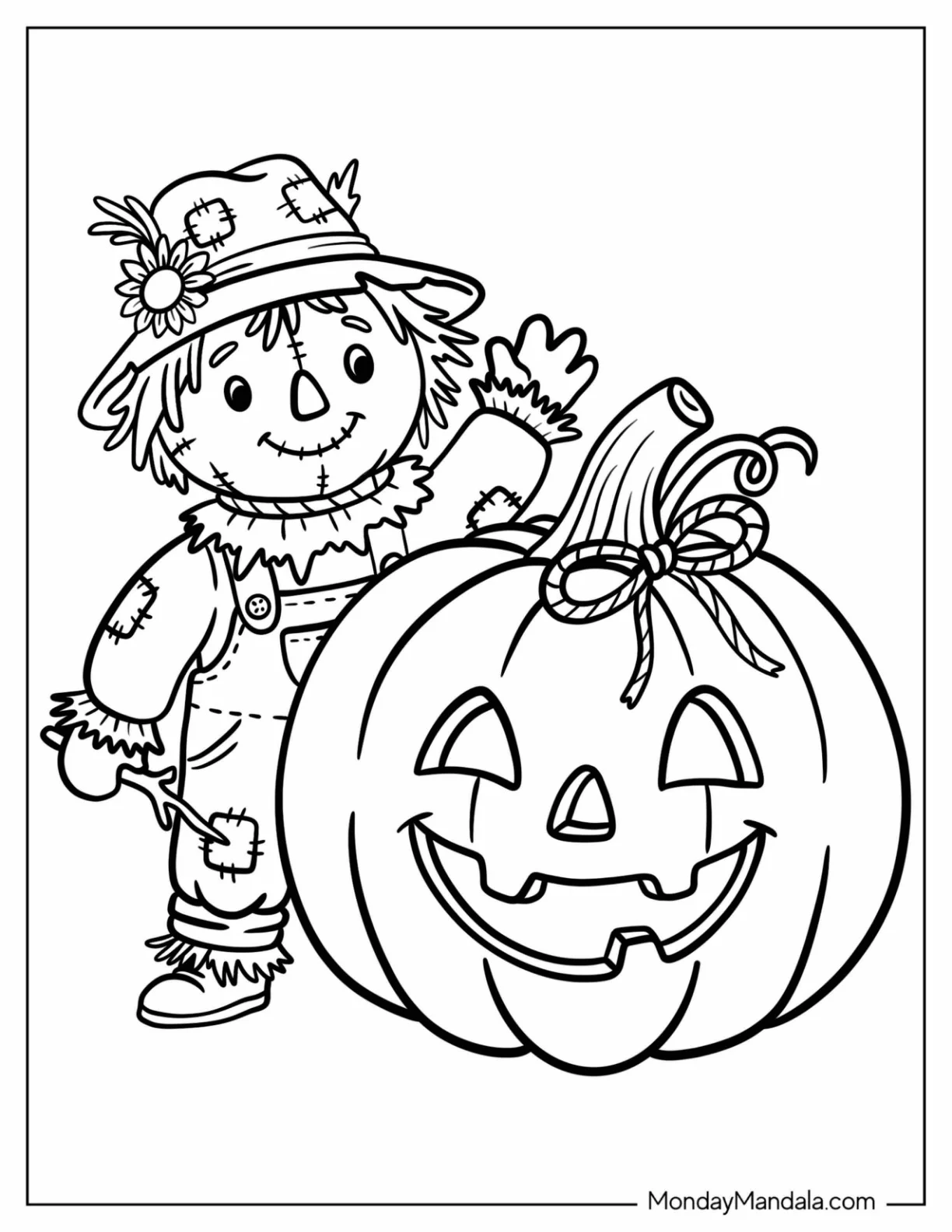 Scarecrow Standing Beside a Large Jack O’ Lantern Coloring Page for Kids coloring page