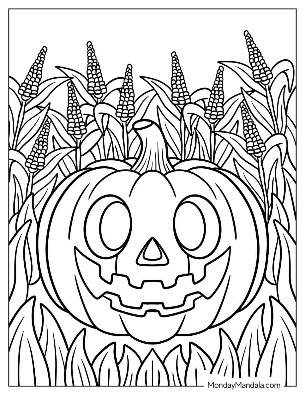 Smiling Jack-O-Lantern Coloring Page Surrounded by Corn Stalks For Kids coloring page — printable line art
