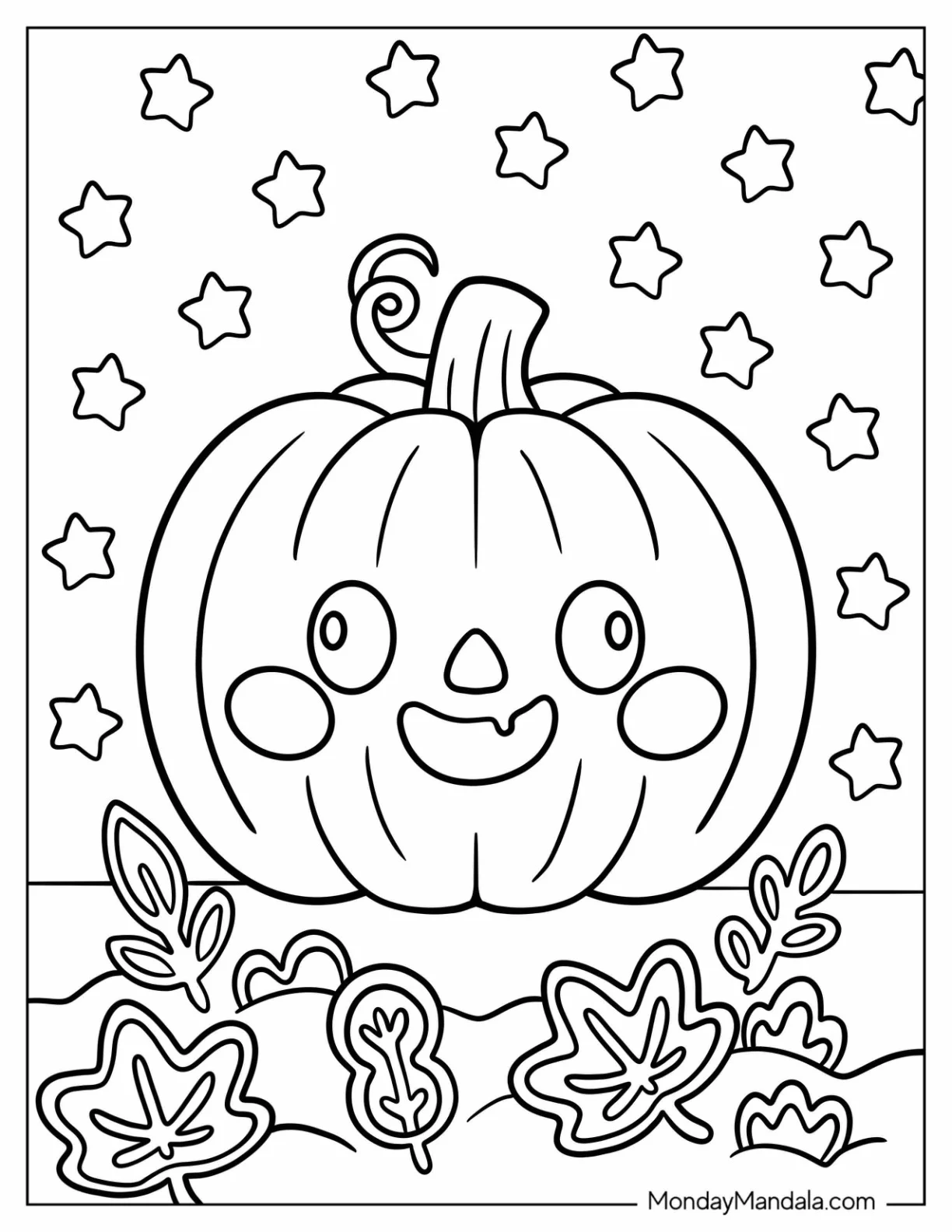 Smiling Jack-O-Lantern Coloring Page with Blushing Cheeks and Stars in Night Sky For Preschoolers coloring page — printable line art