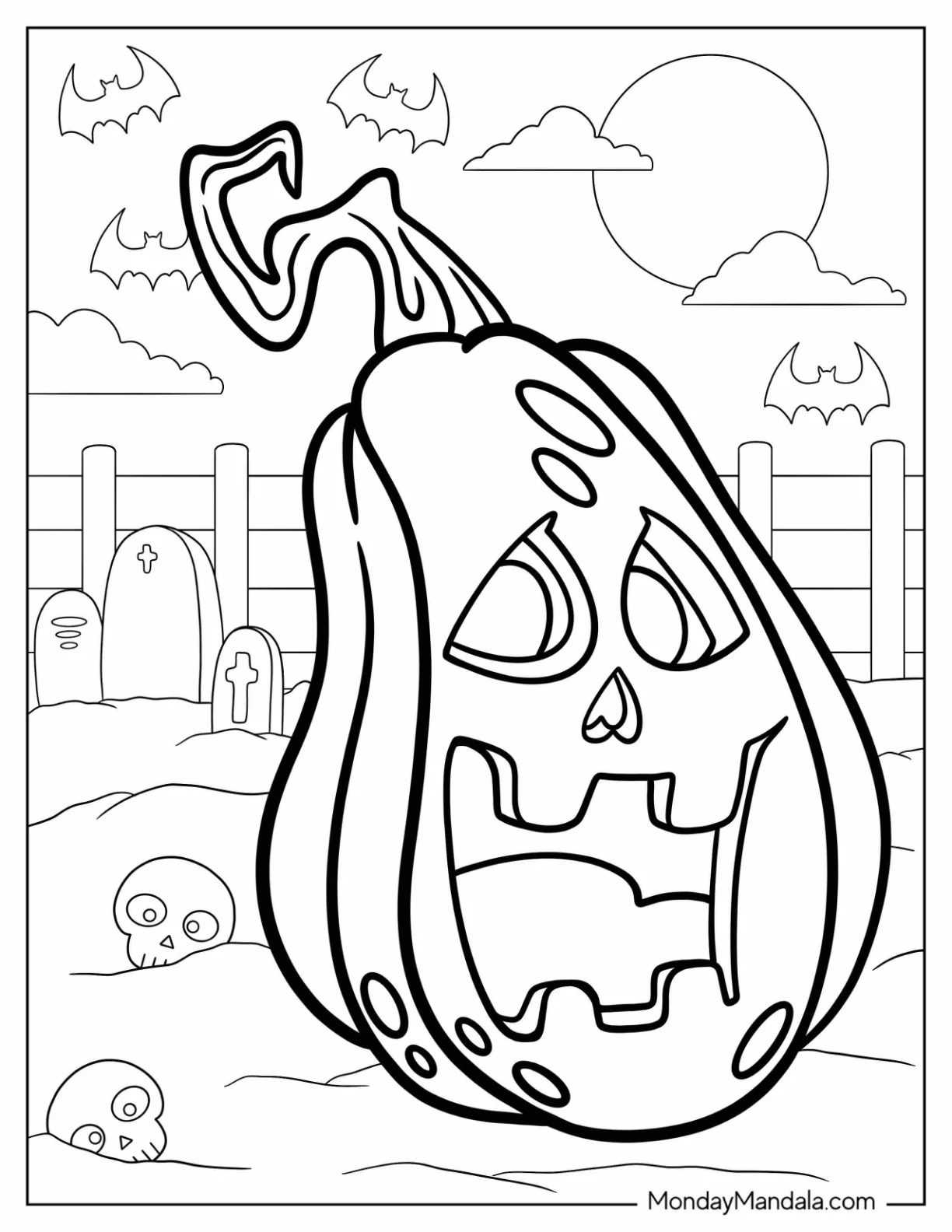 Spooky Jack-O-Lantern Coloring Page In Graveyard coloring page — printable line art