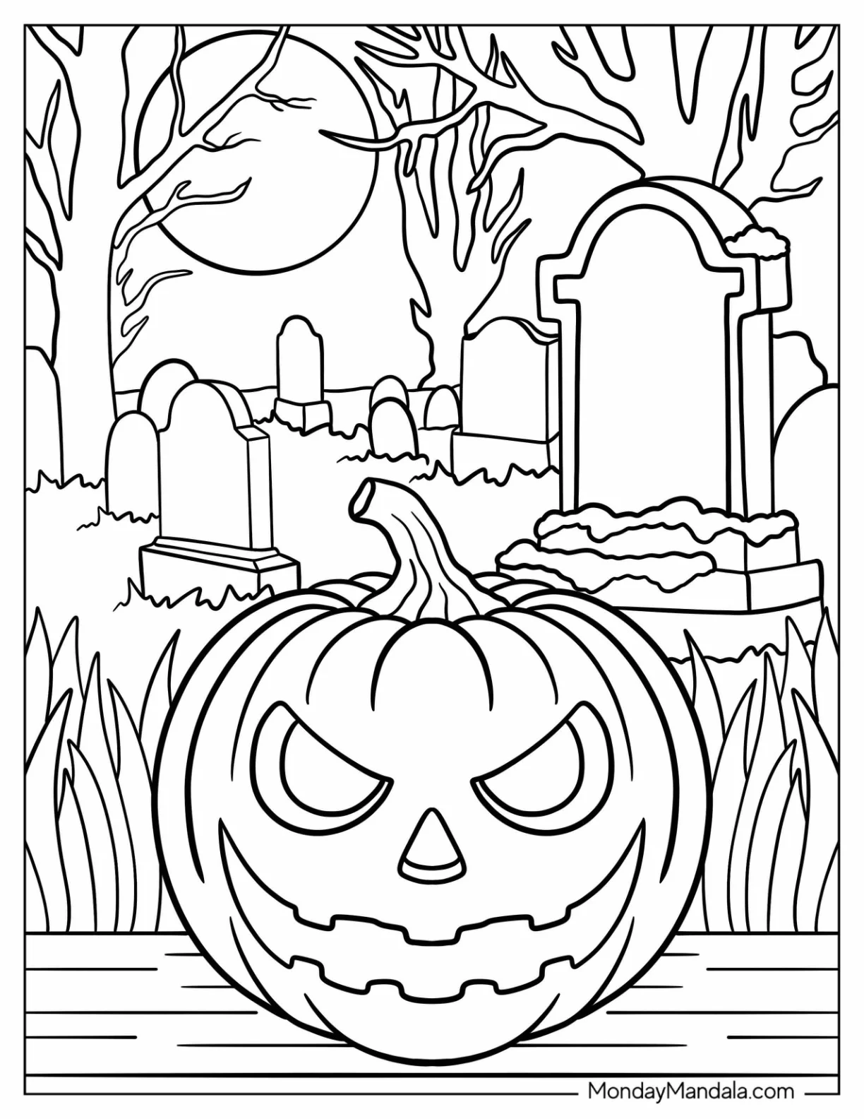 Spooky Jack-O-Lantern Coloring Page In The Cemetery At Full Moon For Kids coloring page