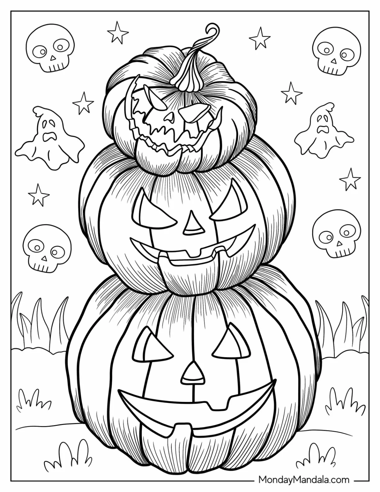 Stacked Jack-O-Lantern Coloring Page With Ghosts coloring page
