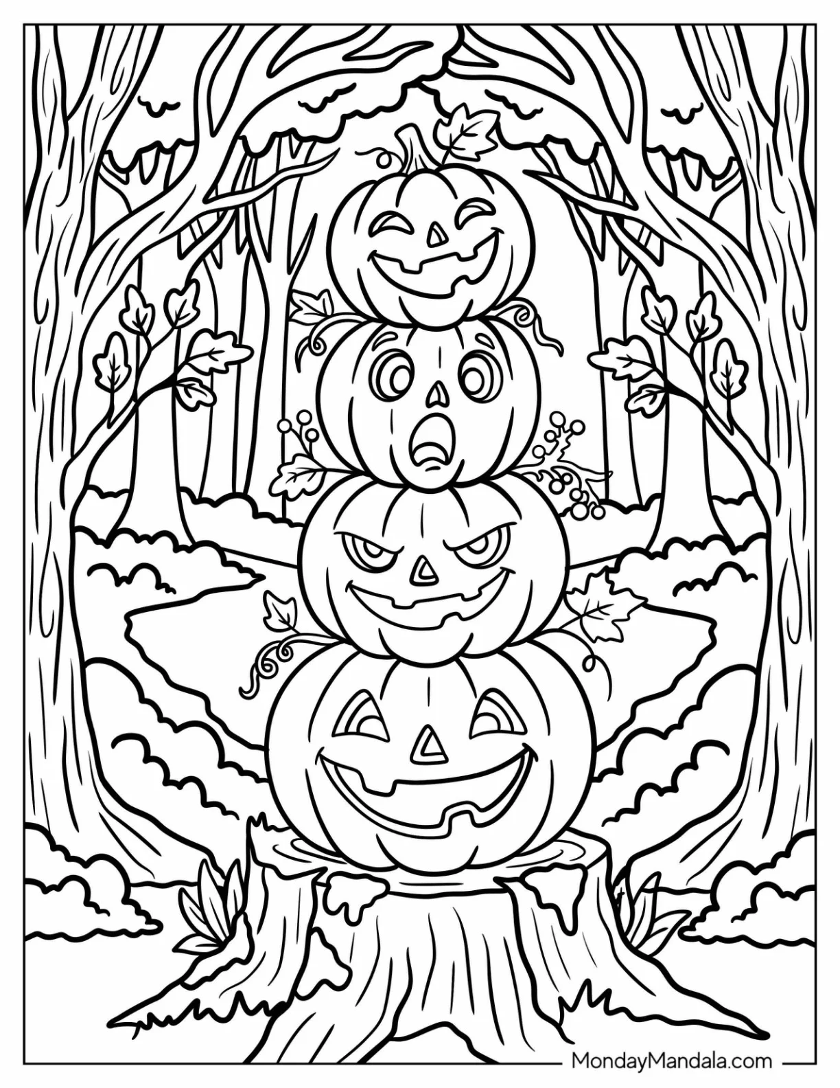 Stacked Jack O’ Lanterns with Different Expressions in a Forest Coloring Sheet coloring page