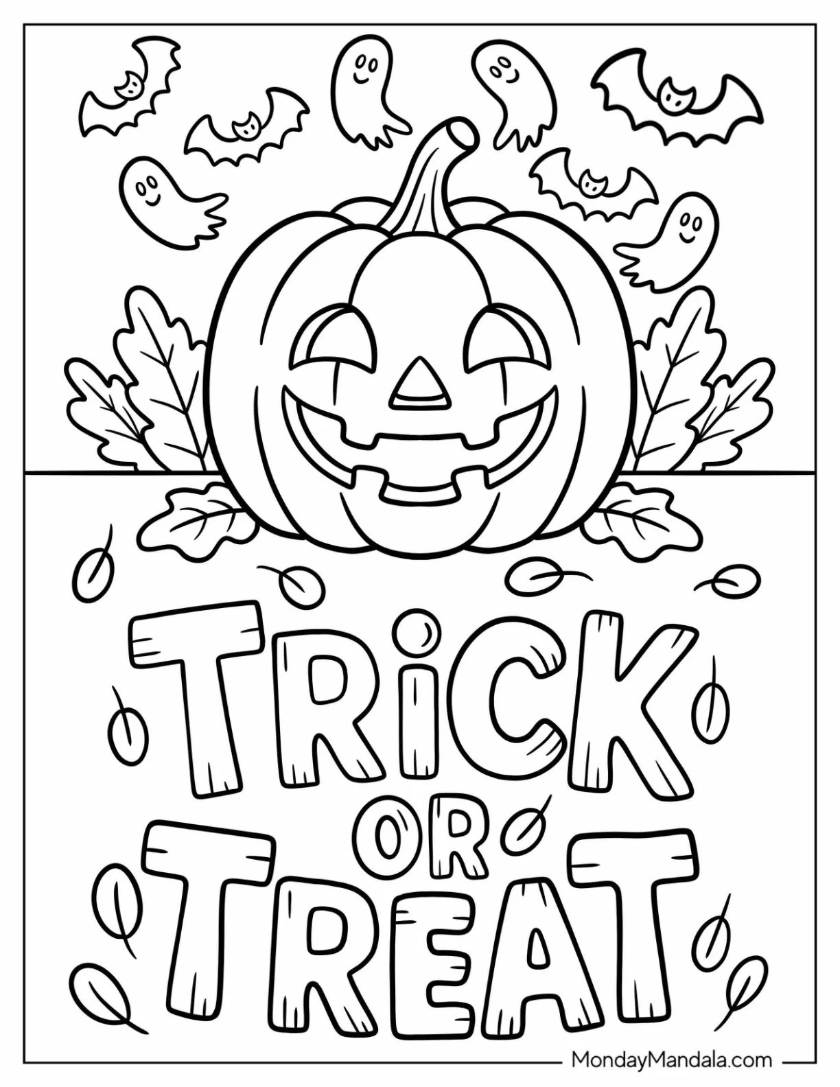 Trick or Treat Jack-O-Lantern Coloring Page with Ghosts and Bats coloring page — printable line art