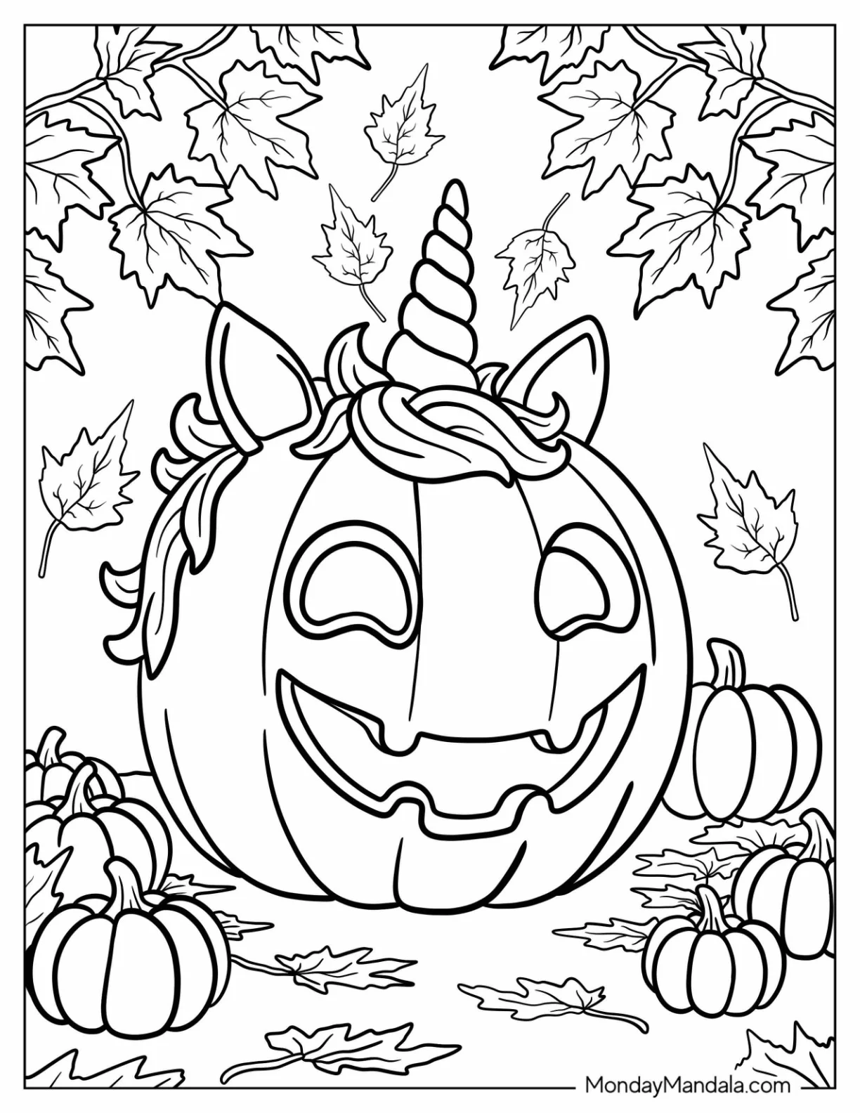 Unicorn Jack-O-Lantern Coloring Page with Pumpkins and Autumn Leaves coloring page — printable line art
