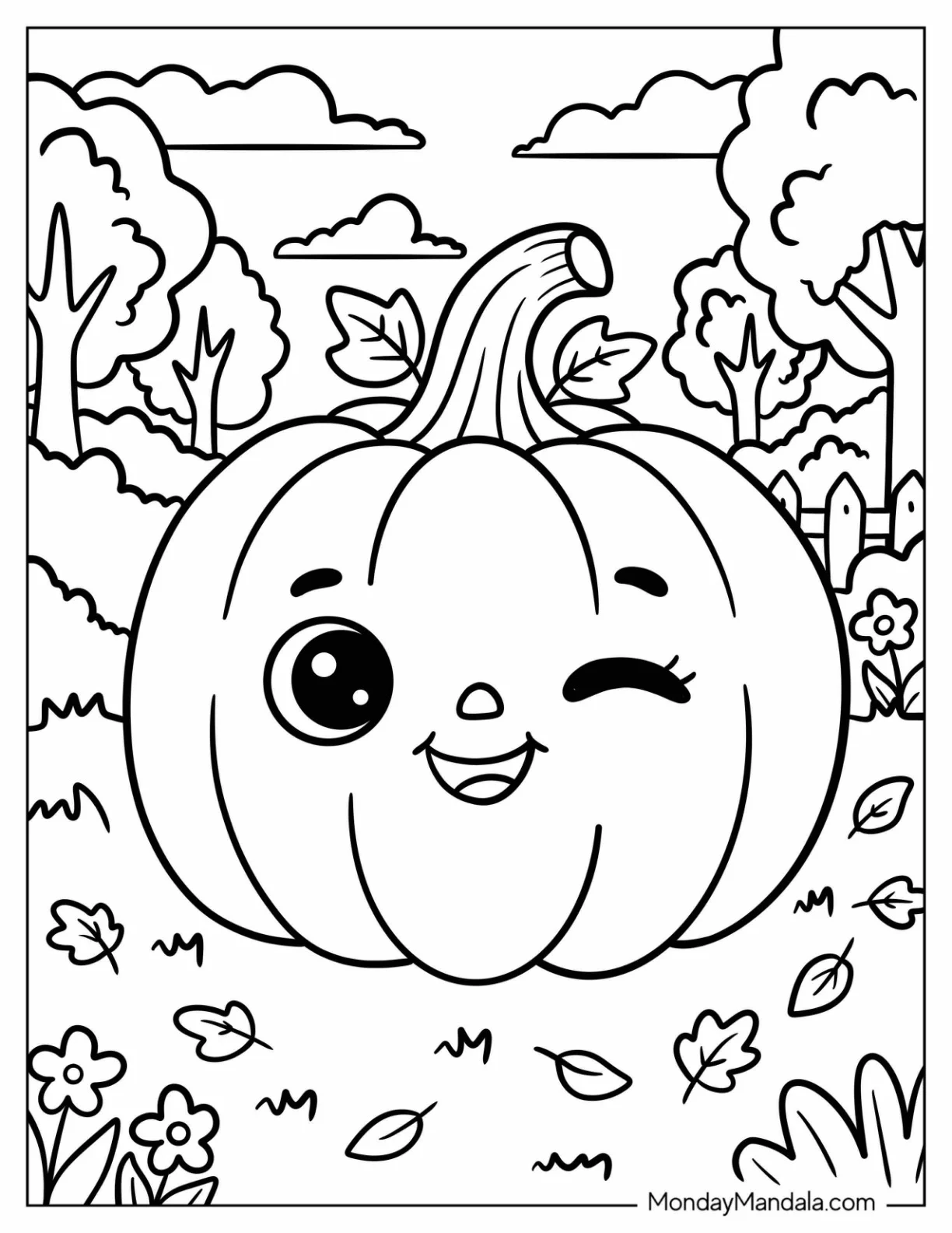 Winking Jack O’ Lantern in an Autumn Garden Coloring Page coloring page
