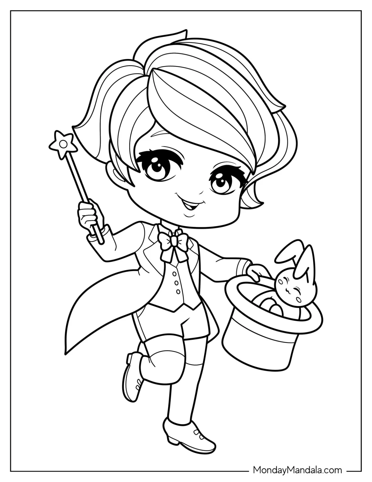 Magic Coloring Page Of Chibi Boy holding A Wand And A Rabbit In A Top Hat For Preschoolers coloring page