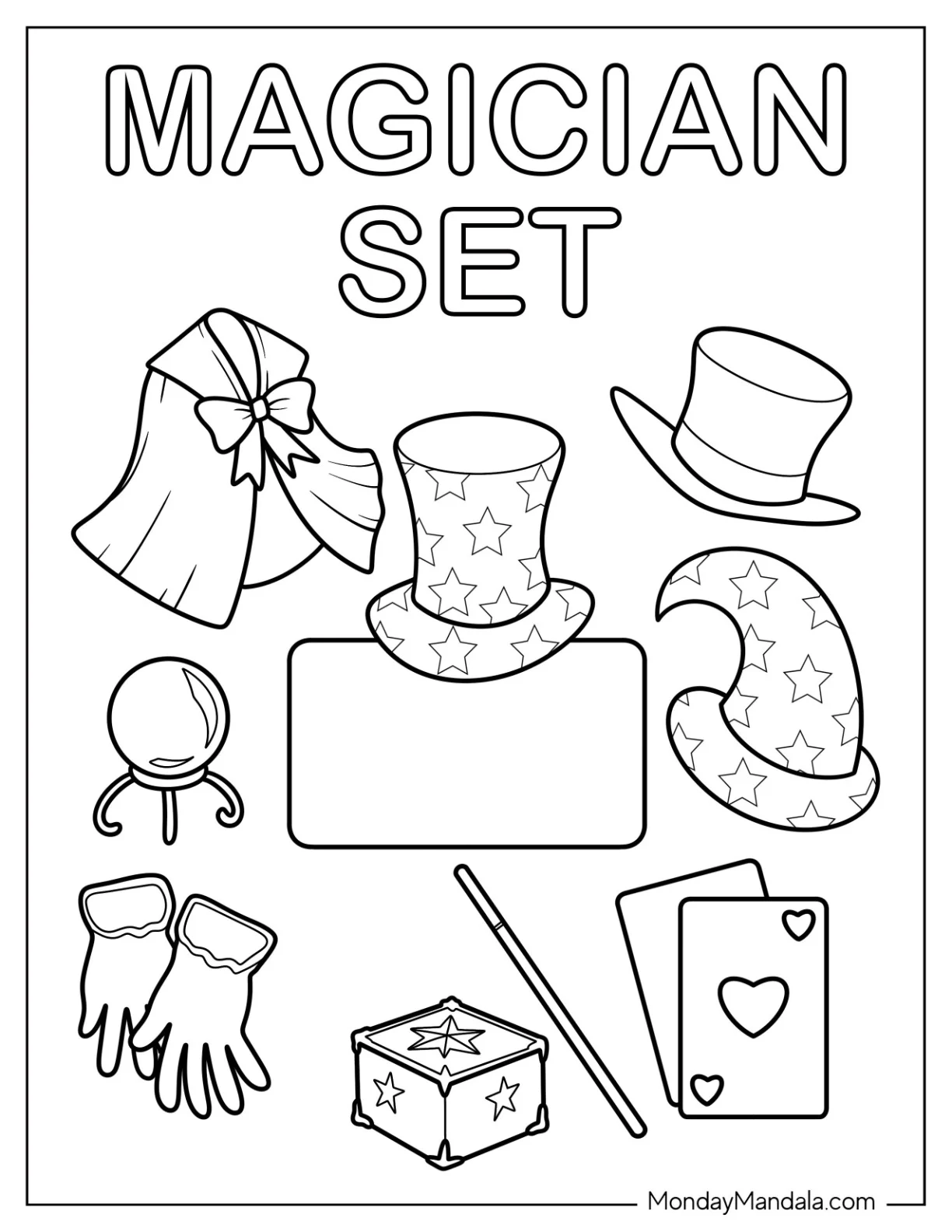 Magic Coloring Page Of Costumes And Tools coloring page — printable line art