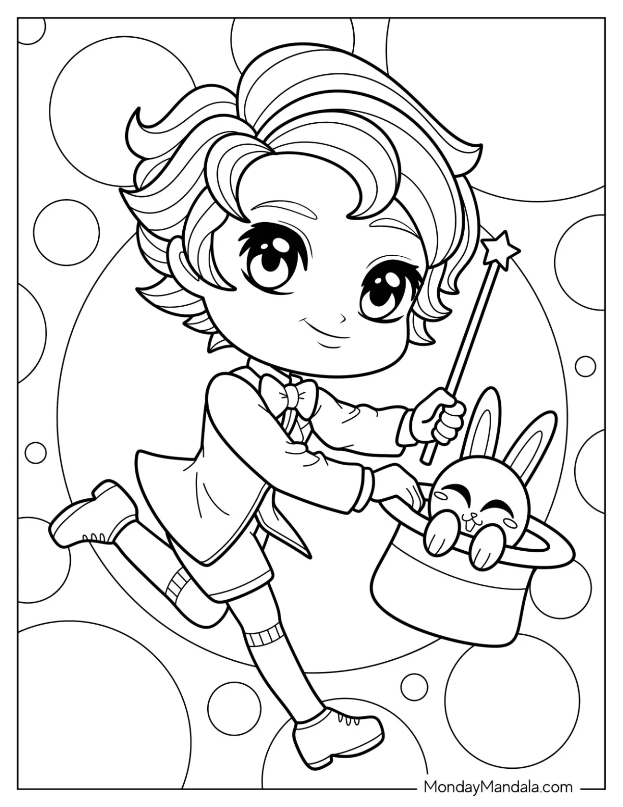 Magic Coloring Page Of Cute Anime Magician Running With A Wand And A Bunny coloring page — printable line art