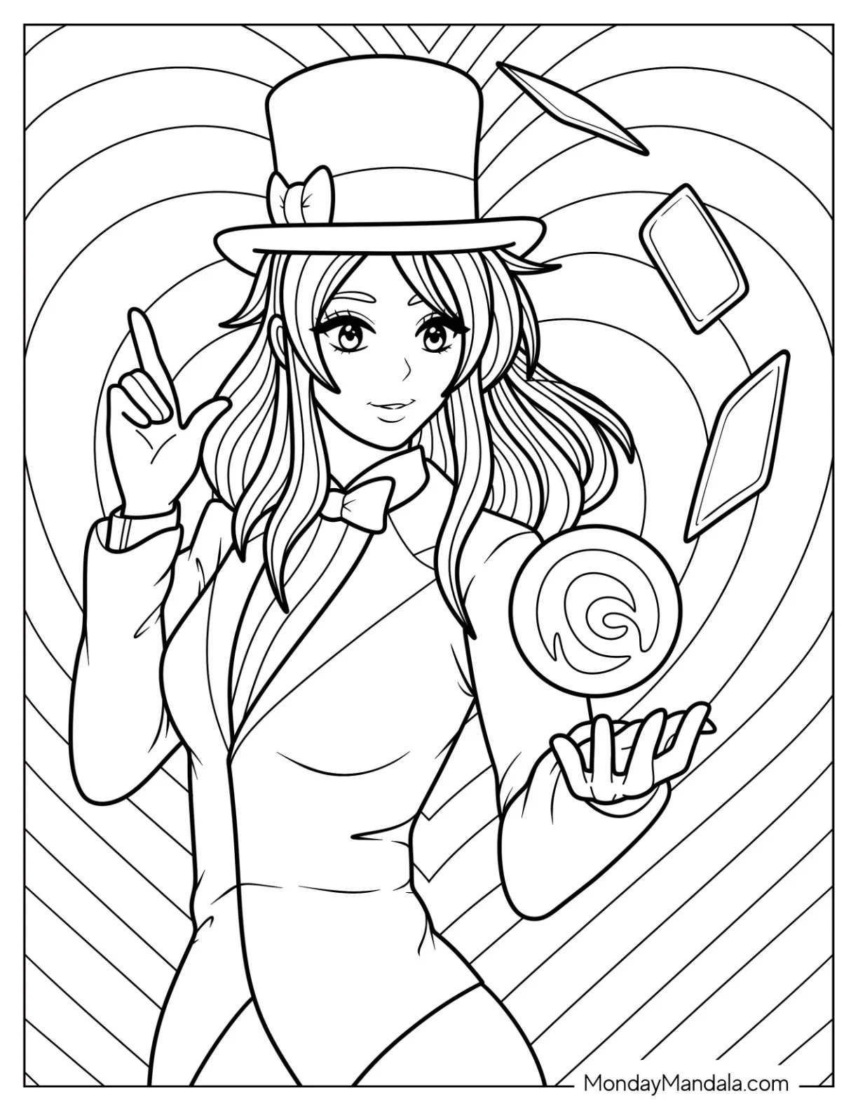 Magic Coloring Page Of Girl Magician Performing An Amazing Card Trick coloring page — printable line art
