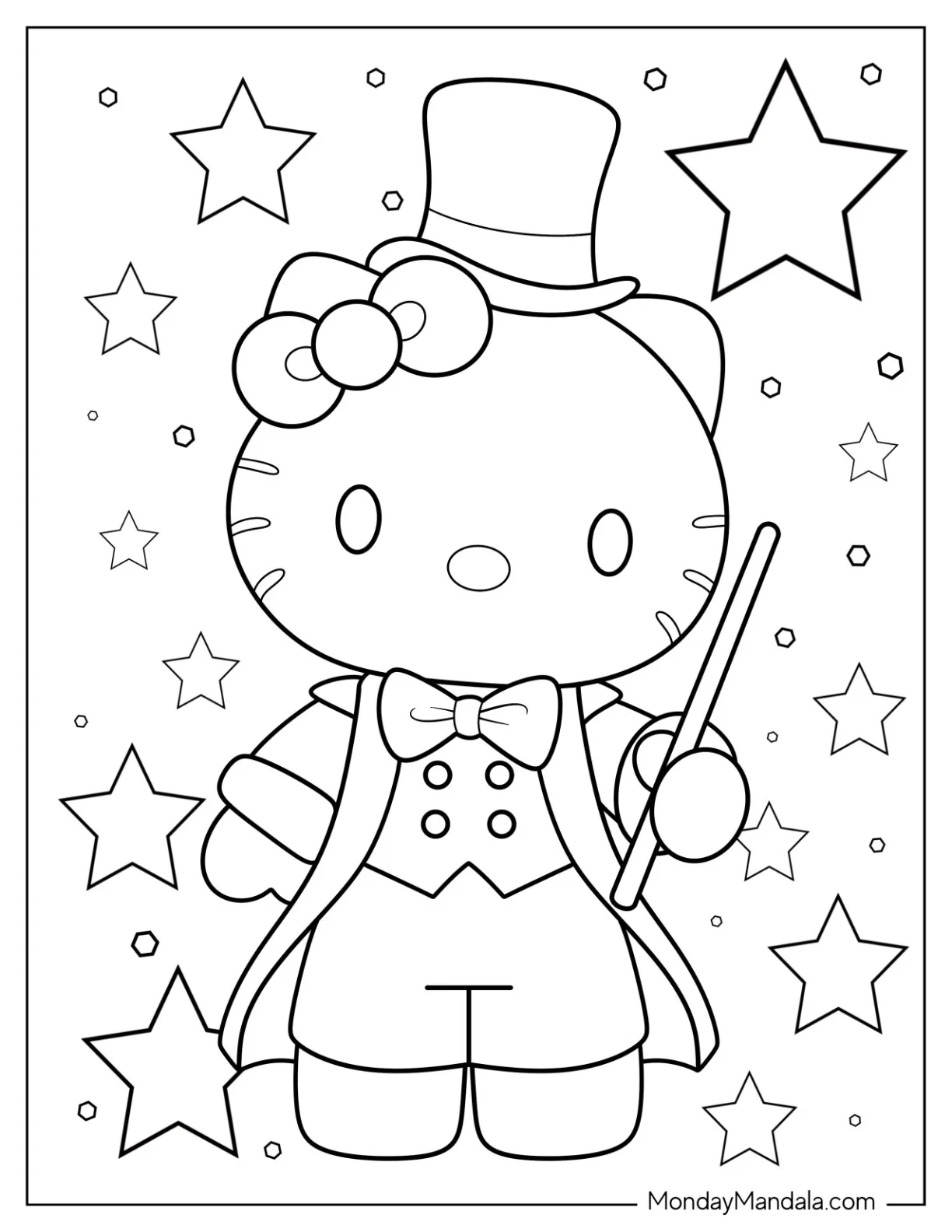 Magic Coloring Page Of Hello Kitty With Starry Background coloring page — printable line art