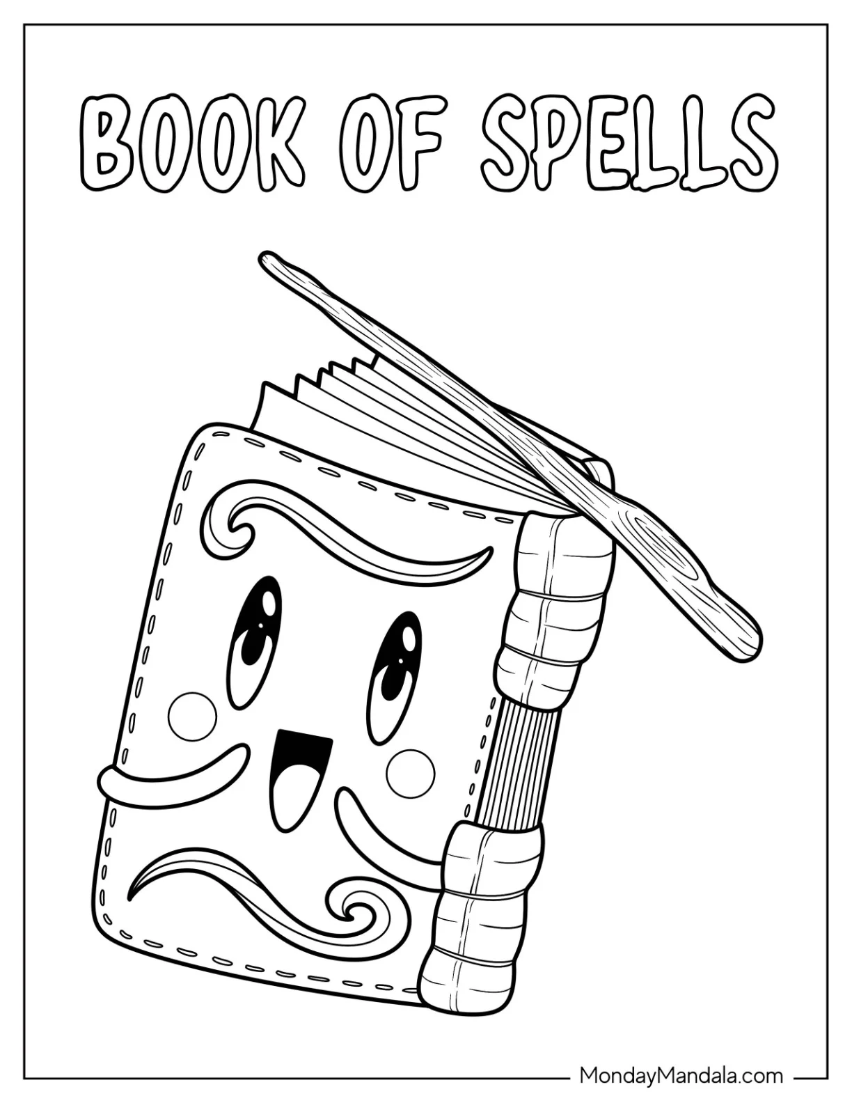 Magic Coloring Page Of Kawaii Book Of Spells With Wooden Wand For Kids coloring page — printable line art