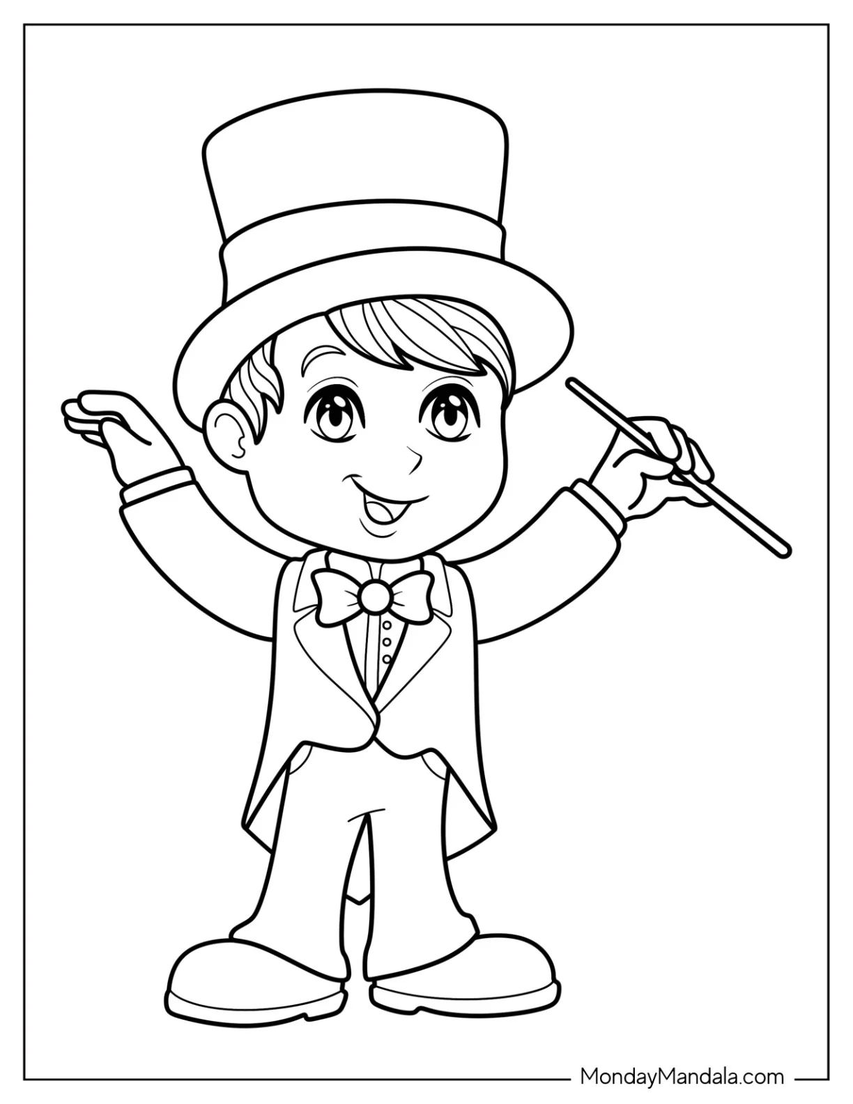 Magic Coloring Page Of Kawaii Boy Magician With A Wand For Preschoolers coloring page — printable line art