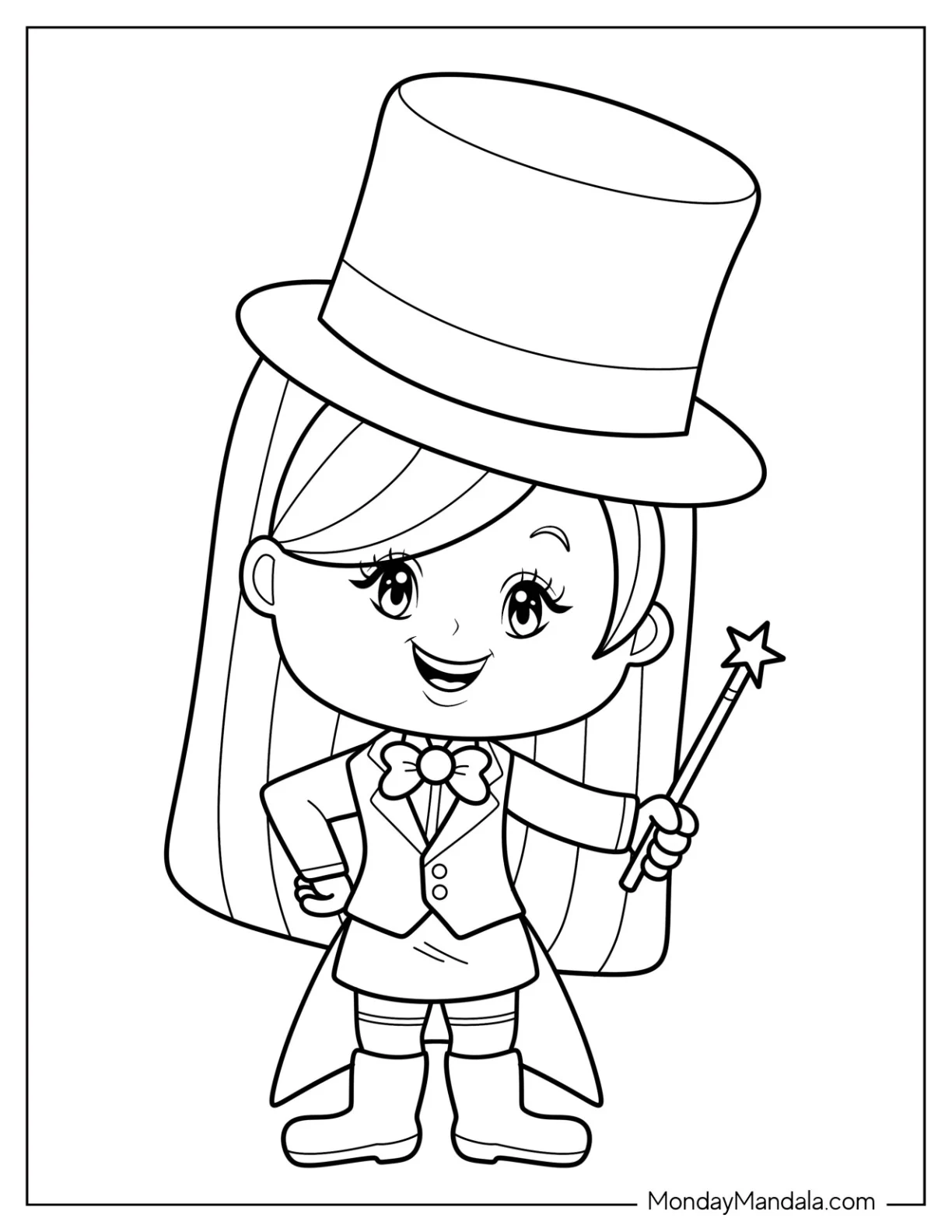 Magic Coloring Page Of Kawaii Girl Smiling While Holding Up A Wand For Kids coloring page