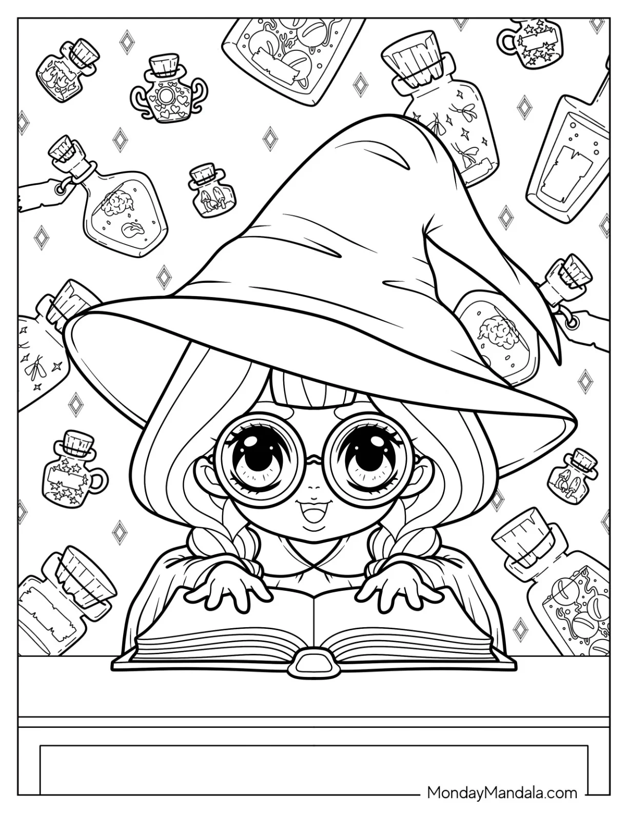 Magic Coloring Page Of Magical Girl With Witch's Hat And Spell Book coloring page