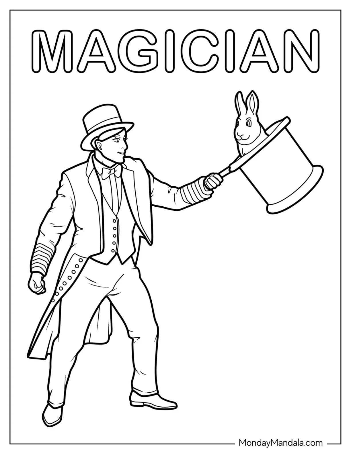 Magic Coloring Page Of Magician Holding A Top Hat With A Rabbit Inside coloring page — printable line art