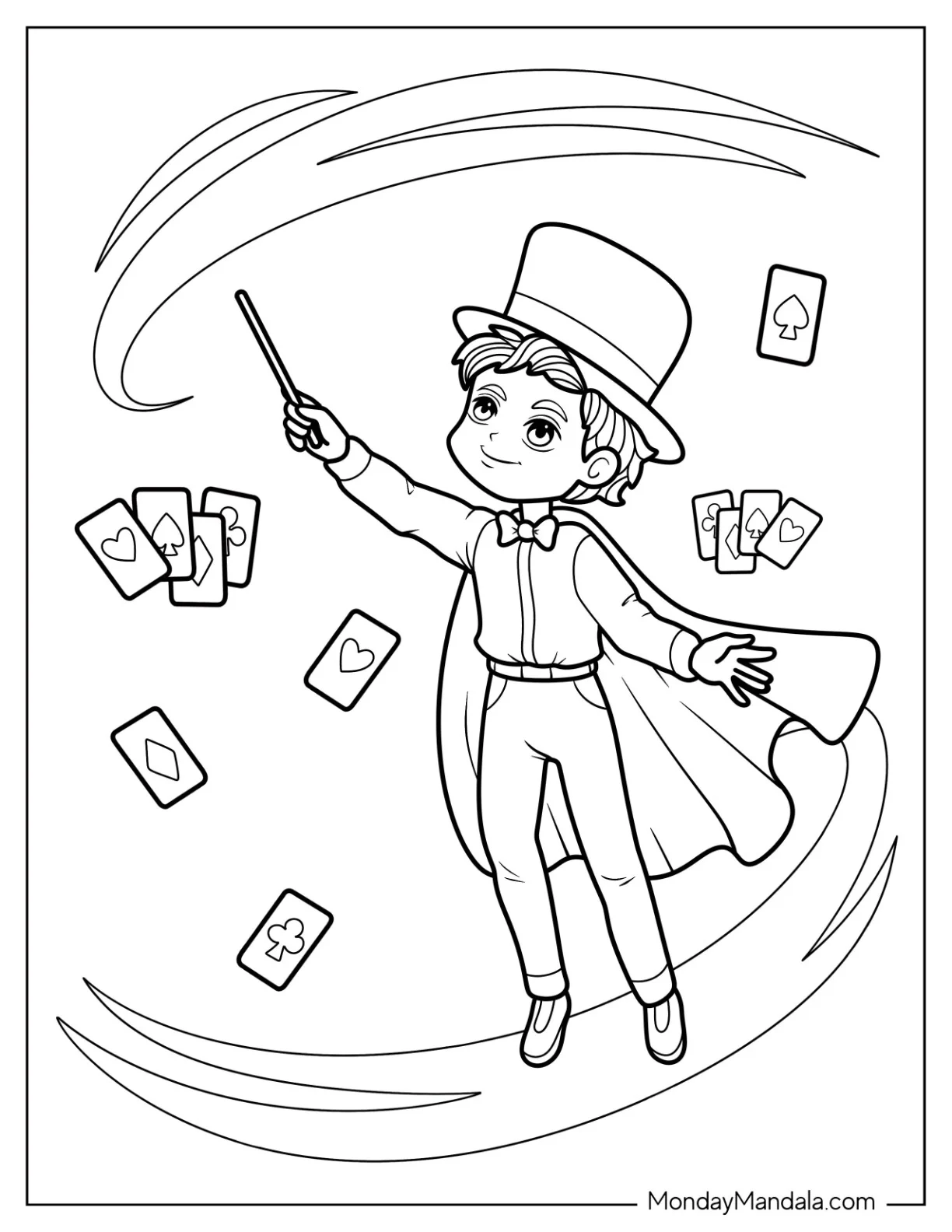 Magic Coloring Page Of Magician Making Cards Float With A Wand coloring page