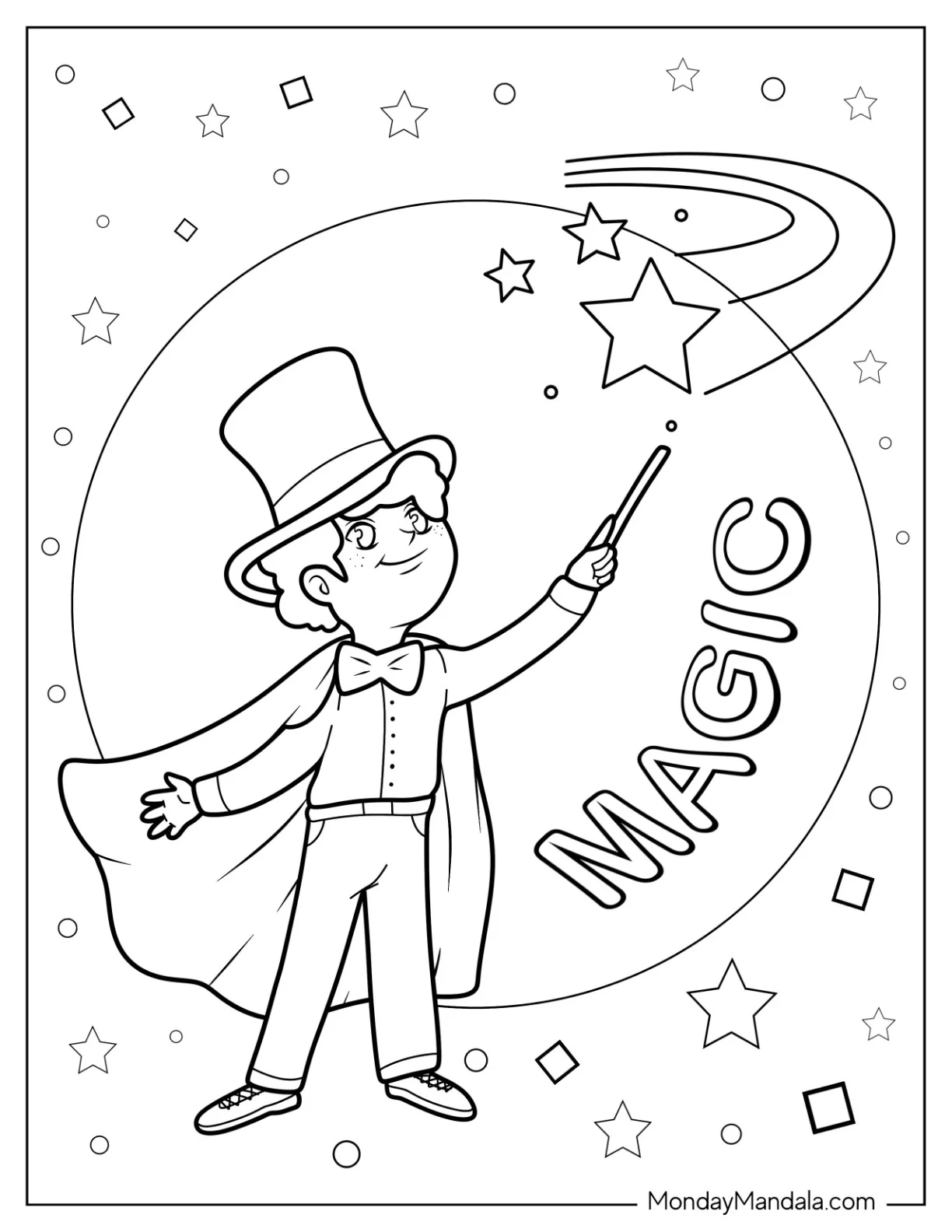 Magic Coloring Page Of  Magician Waving His Wand For Kids coloring page