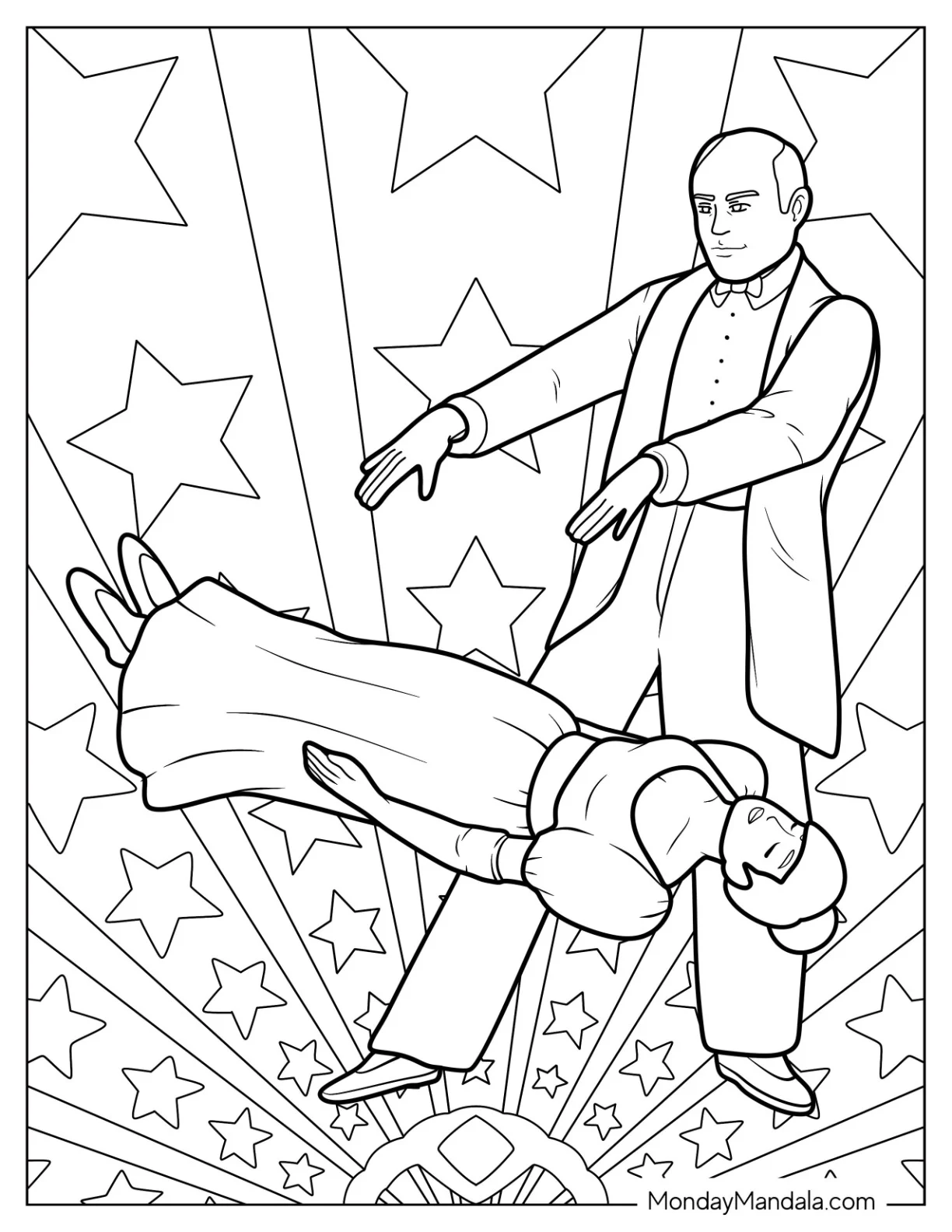 Magic Coloring Page Of Old Magician Making Woman Levitate coloring page